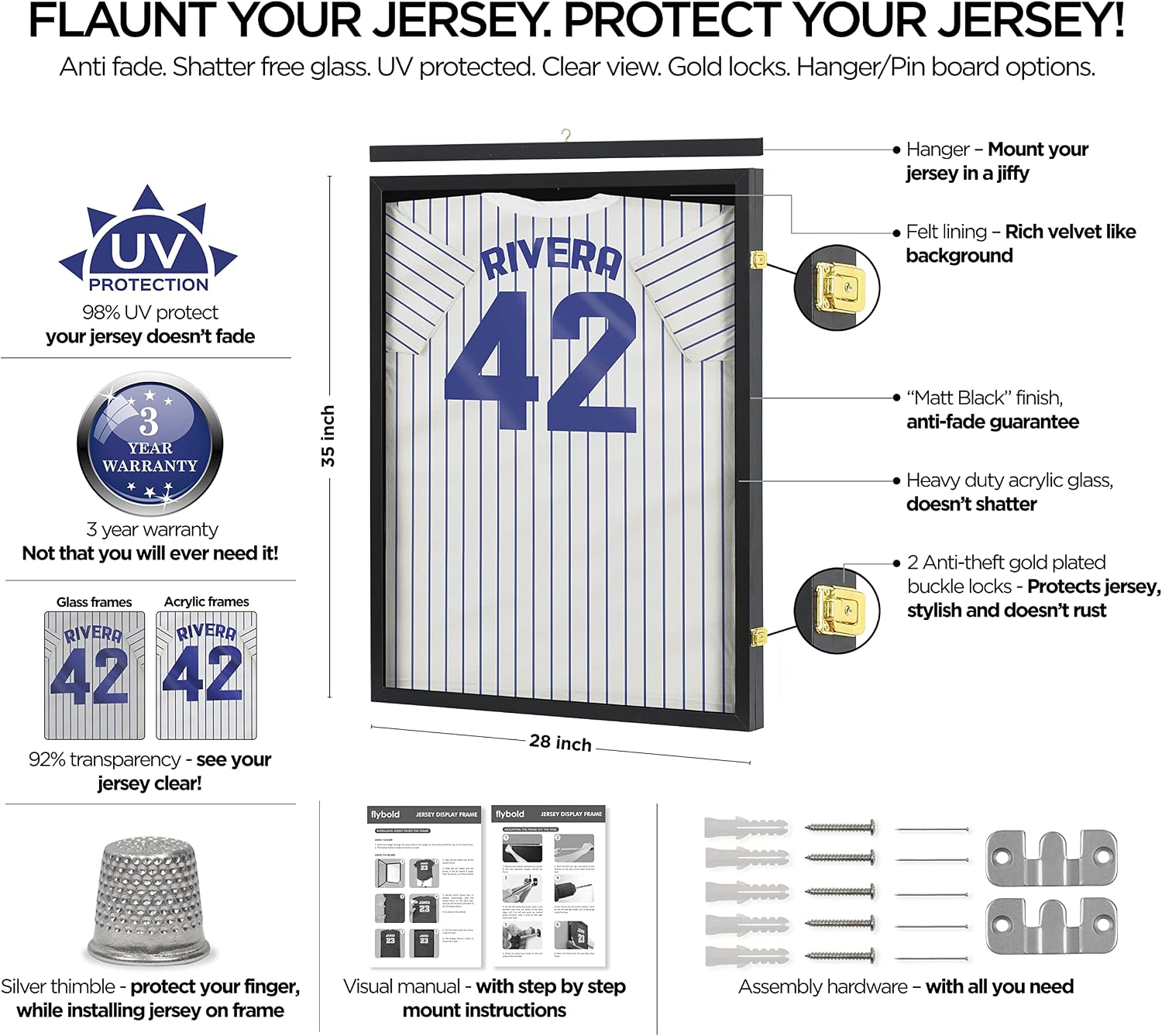 Flybold Shadow Boxes Display Cases - Jersey Display Frame - Wall Display Case - Football Memorabilia Case - Large Acrylic Shadow Box - 98% UV Protection - Football Baseball Basketball Soccer Hockey