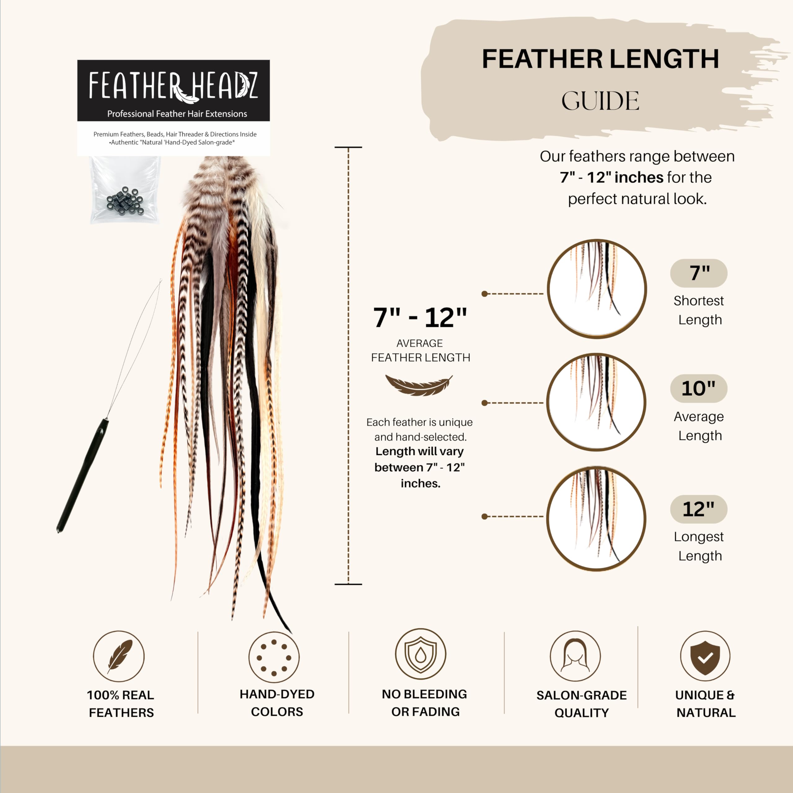 Feather Headz Haarfedern in 15 Farben, 17,8 cm - 30,5 cm lang, Haarverlängerung, Feder-Diy-Set, auffälliges Design, 20 Micro-Link-Perlen, 100 % Hahnenfedern