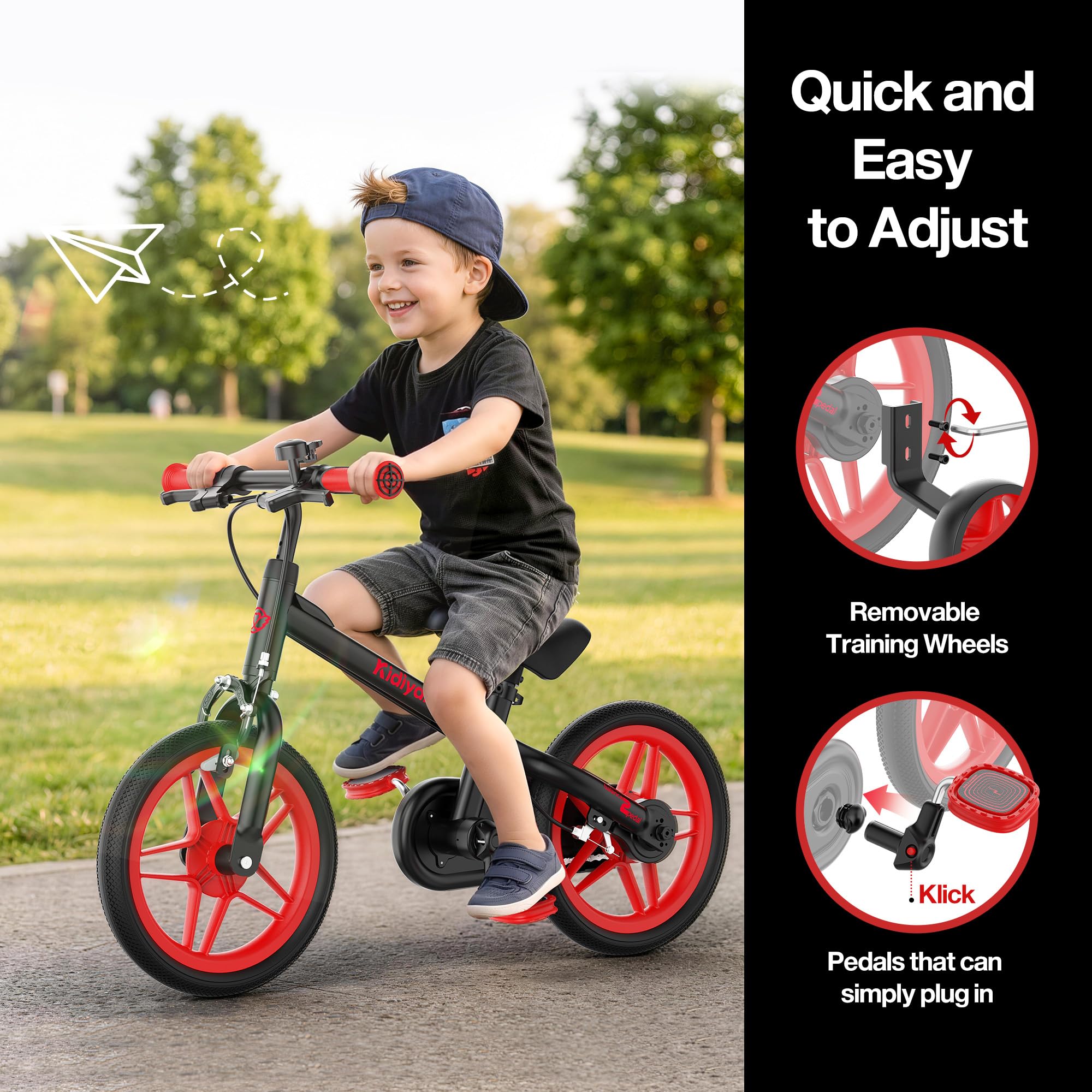 Bicicleta sin Pedales 3 en 1 Desde 2 Años con Pedales y Ruedas de Apoyo Desmontables, Bici Infantil de 12 Pulgadas con Freno de Mano, Timbre, Sillín Ajustable y Marco de Aluminio