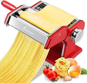 Sailnovo Máquina de fazer macarrão, 180 rolos de massa, 9 configurações de espessura ajustável, máquina de macarrão 2 em 1 com rolos e cortador, perfeita para espaguete, fettuccini, lasanha ou pele
