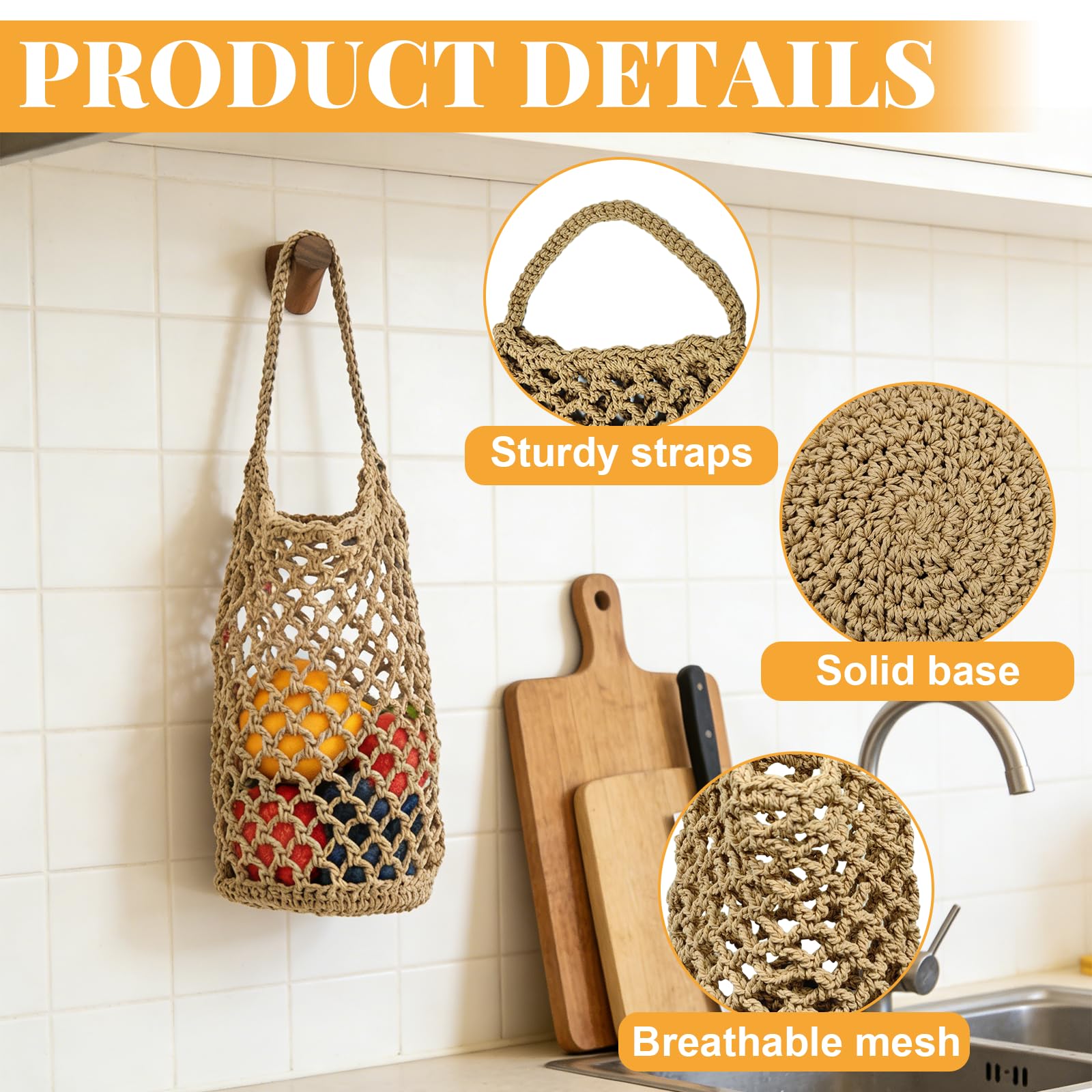 Hängekorb, Obstkorb Hängend Hängekorb Küche, 2er Set Handgewebter Netzbeutel Baumwolle 32x16cm zum Aufhängen für Eier Obst Gemüse, Luftdurchlässiges Design