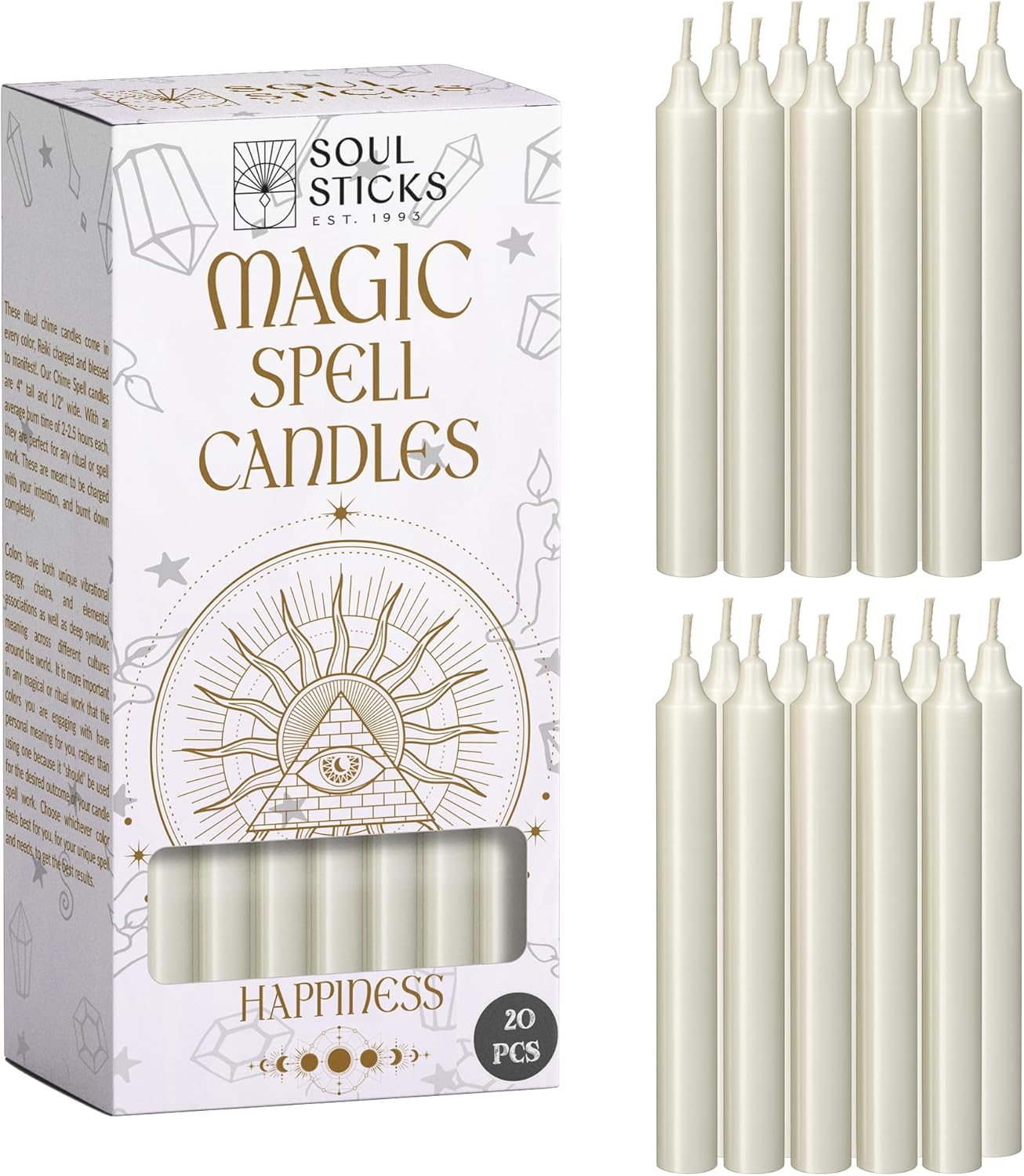 SOUL STICKS Happiness Magic Spell Chime Candles White Taper Candles 20 Pack - Taper Candle White for Altar, Rituals, Ceremonies, Meditation, Witchcraft Supplies, Wiccan, Candles Clearance