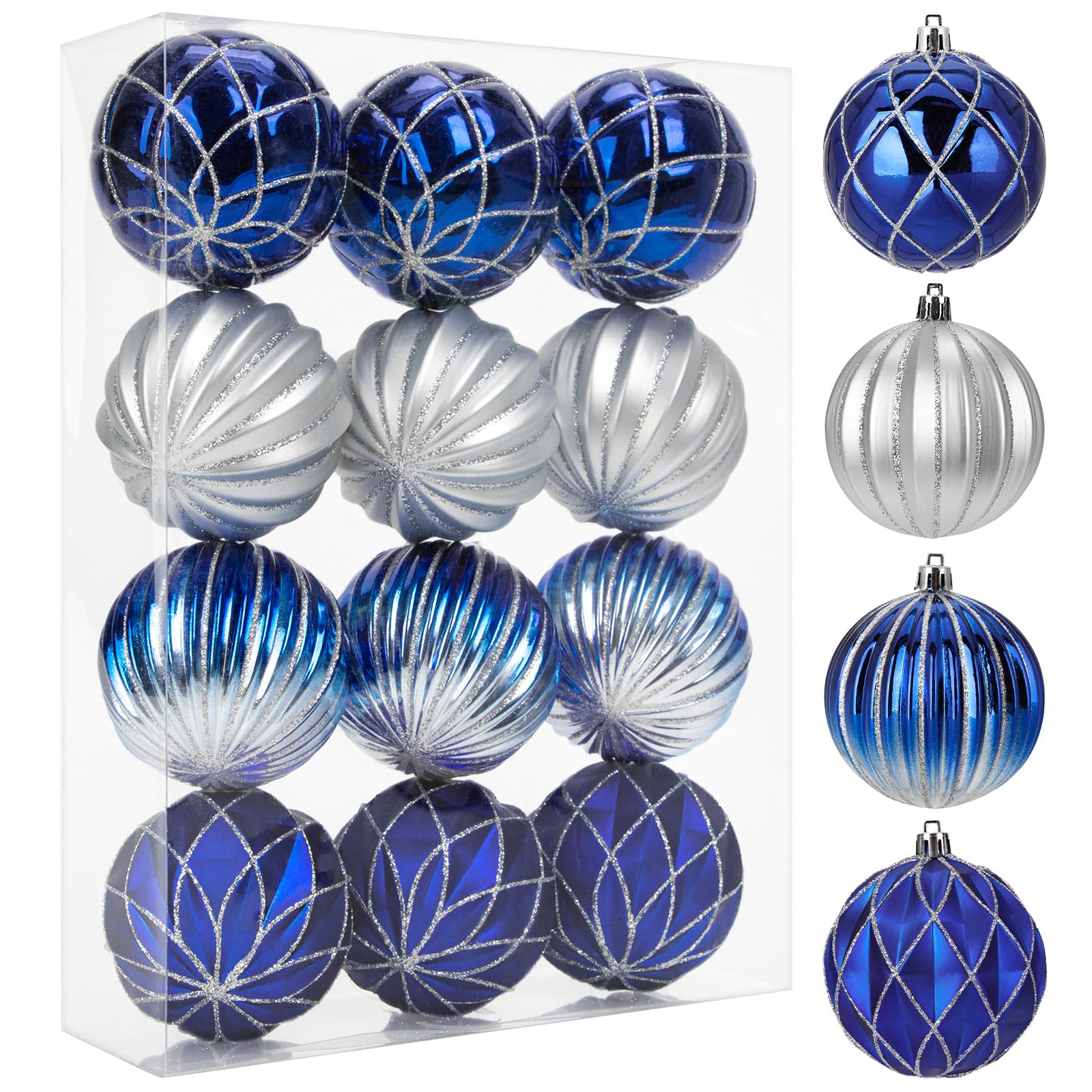 Set di 12 Baubles di Natale 8 CM - Decorazioni per Albero di Natale in Plastica Blu Scanalate
