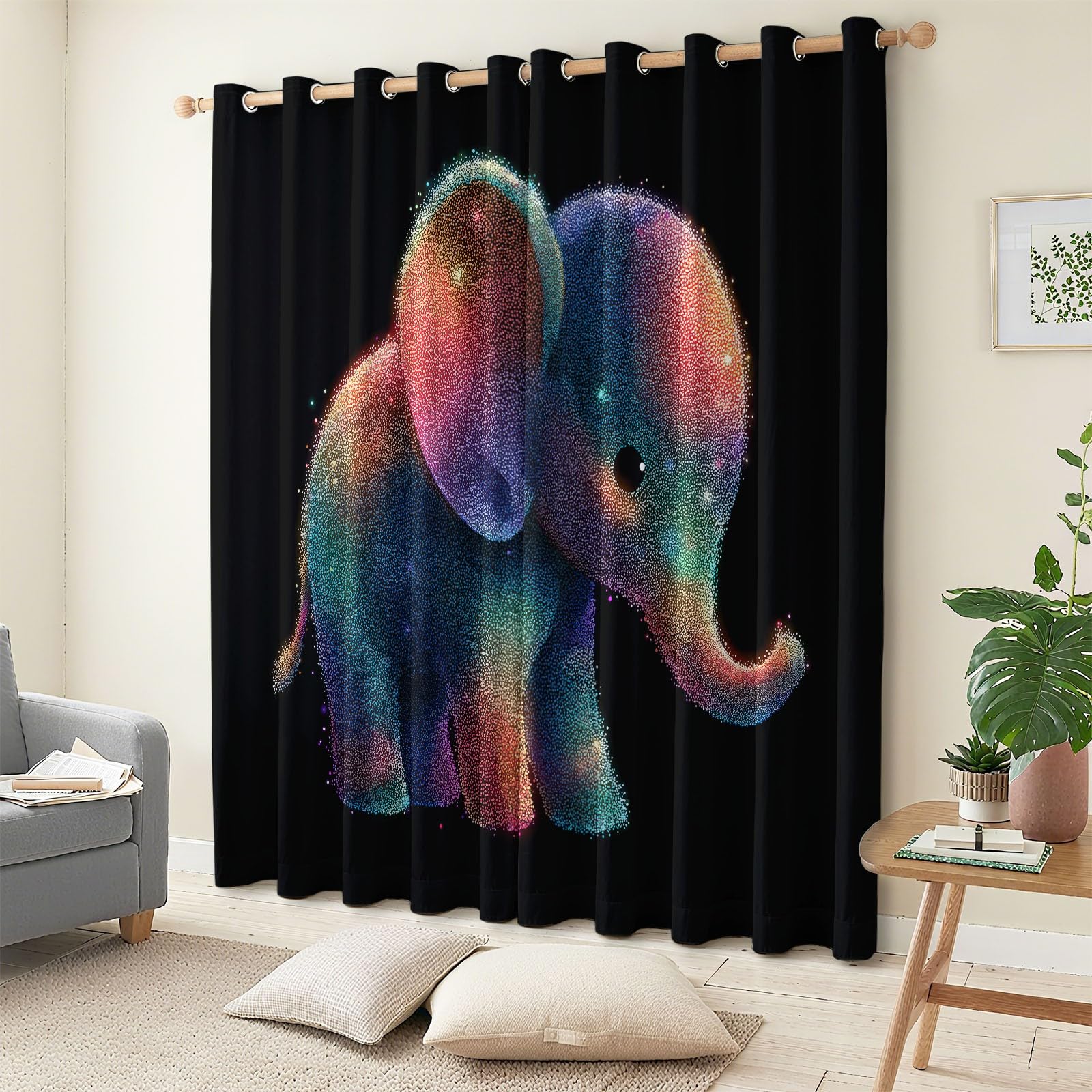 Genérico Cortinas de Ventana con Estampado de Lindo Dibujo Animado Arcoíris Elefante Bebé, 2 Piezas Negro Cortina Opacas con Ojales para Sala de Estar y Dormitorio - 140 x 260 cm (An x Al)
