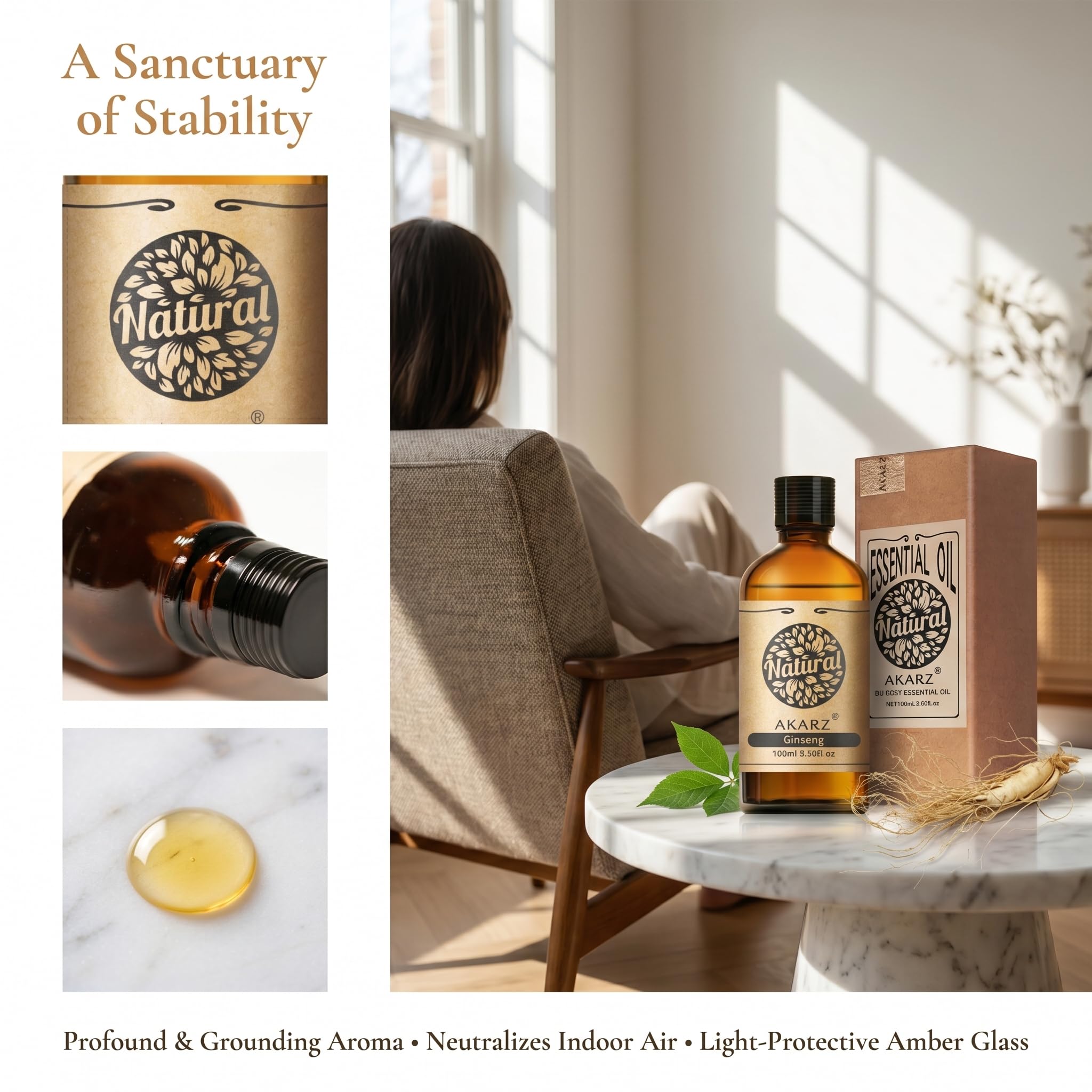 AKARZ 100ml Olejek esencjny z Ginsengu - Naturalny olejek aromatyczny do dyfuzorów, lamp aromatycznych i aromatów pomieszczeń