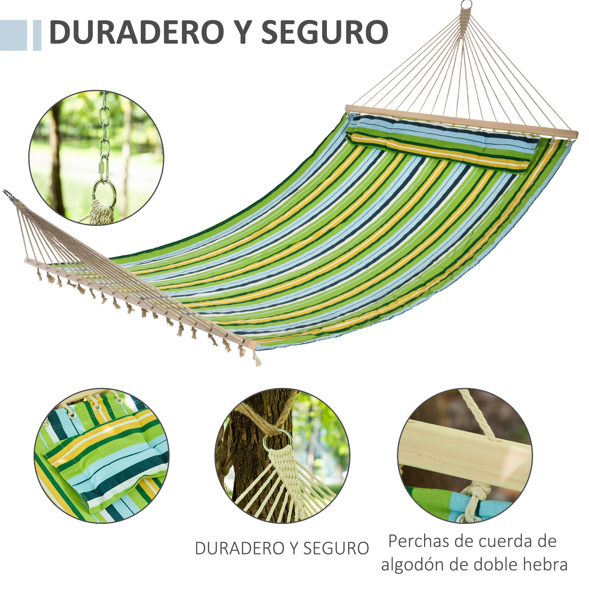 Outsunny Hamaca Colgante de Jardín para 2 Personas Hamaca Ecológico para Camping con Almohada Carga de 180 kg Rayas Azules y Verdes 3,4x1,4m