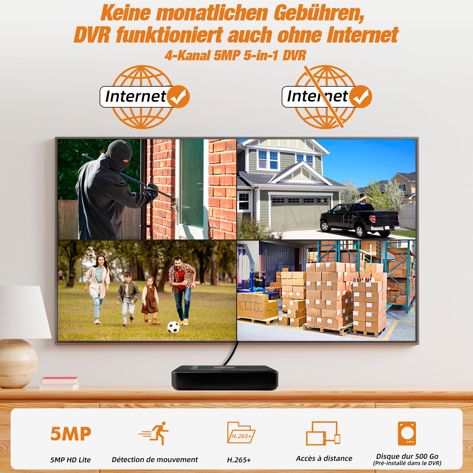 4-Kanal CCTV Überwachungs-DVR mit 500 GB HDD, 4 Ch 5MP H.265+ DVR Video-Recorder für Analog XVI AHD TVI IP-Kameras, DVR für Sicherheitskamera-Überwachungssystem für zu Hause, Mobile APP & PC(P-System)