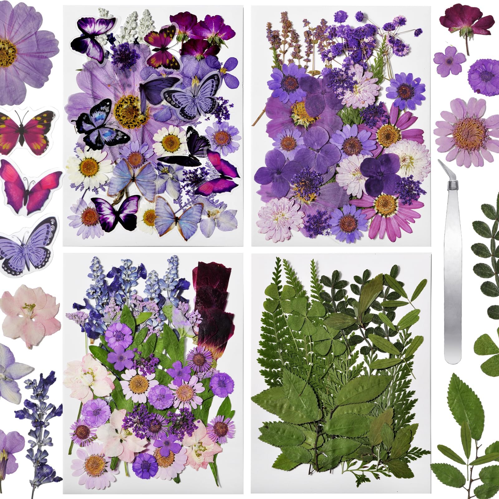 CONVELIFE Dried Flowers for Resin 119Pcs, Pink Real Natural Pressed Flowers with 10Butterfly Stickers, Dried Leaves kit for Scrapbook Supplies Card