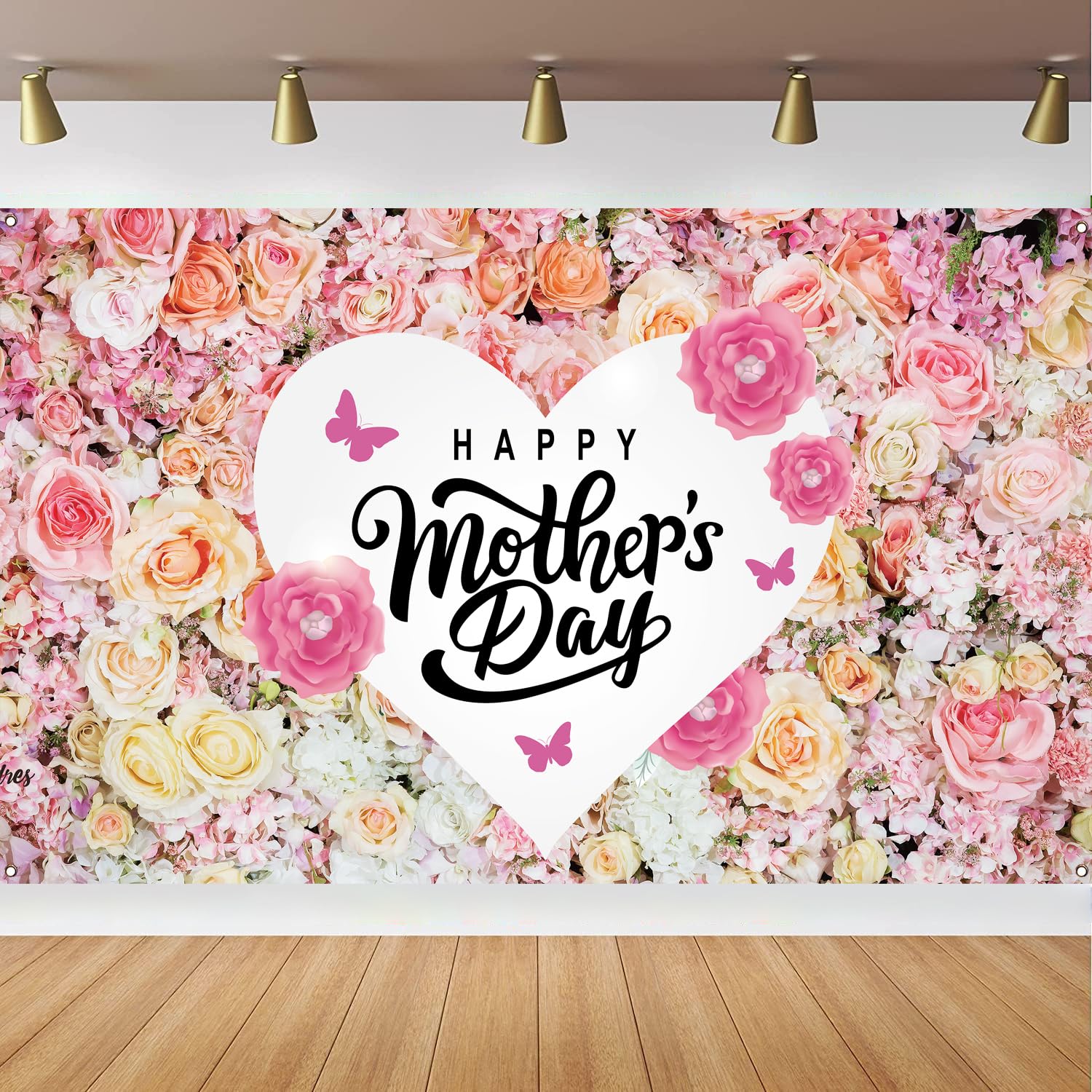 Happy Mothers Day Banner Pink Flower Backdrop for Mother’s Day Party Decorations, 71 x 43 Inch
