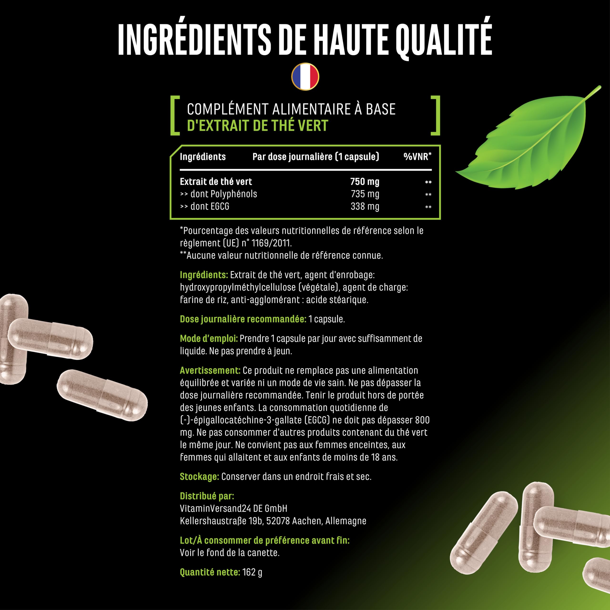 Green Tea Extract - 180 gélules - Extrait de thé vert très forte dose avec 750mg d'extrait de thé vert par gélule - 95% polyphénols & 45% EGCG - Thé vert sans additifs indésirables - Vegan