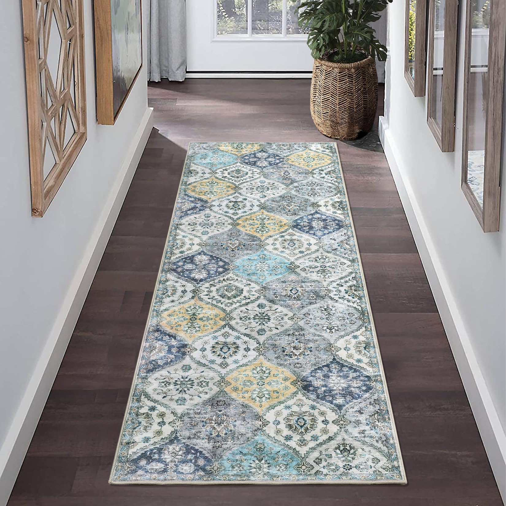 ROYHOME Hallway Runner Rug 2x8 Washable Moroccan Trellis Runner Rug, Stain Resistant Non-Slip Floor Cover Vintage Distressed Entrance Carpet for