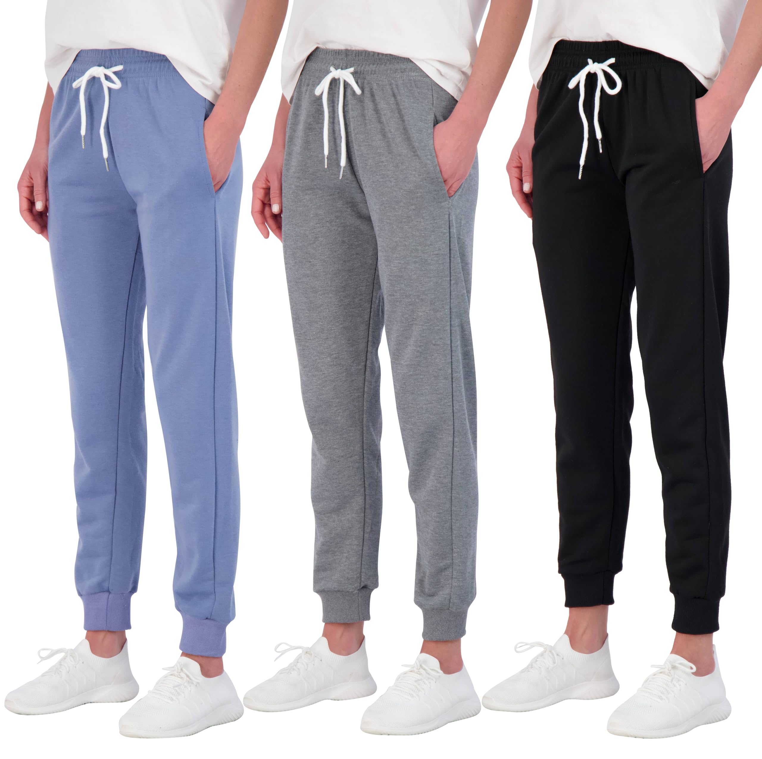 real essentials3 Pack: Women's Cotton French Terry Soft Lounge Joggers - Athletic Yoga Sweatpants with Pockets (Available in Plus Size)