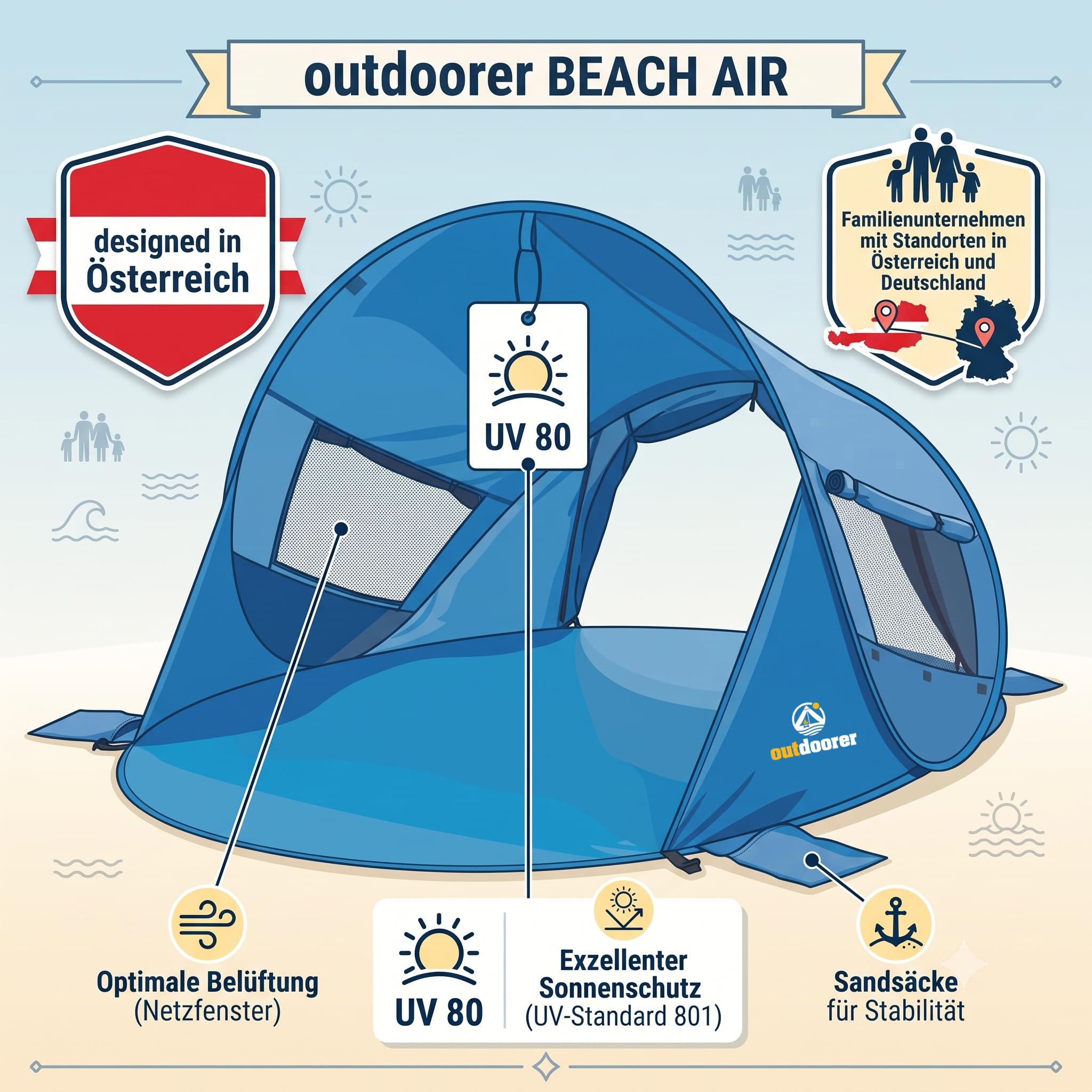 outdoorer Tente de plage Pop Up Beach Air UV 80, 245 x 145 x 100 cm, parfaitement ventilée, 2 fenêtres, 1 porte verrouillable, haute protection UV avec revêtement argenté, 2 adultes et 1 à 2 enfants