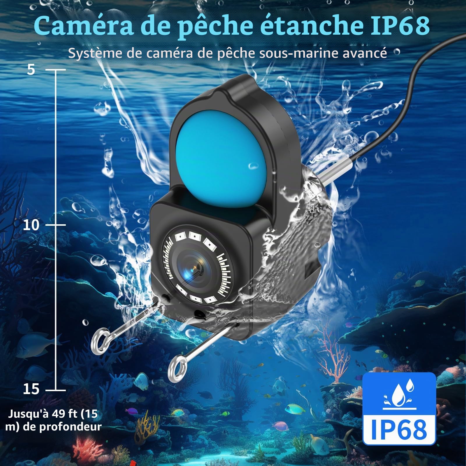 Sondeur de pêche HD 1080p avec écran LCD de 4,3", câble étanche IP68 de 15 m et 6 lumières de vision nocturne infrarouge, caméra sous-marine portable pour la pêche sur glace, en lac, en