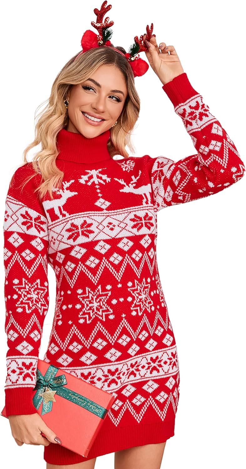 SunnyMelody Womens Ugly Christmas Turtleneck Cable Knit Sweater Dress 2025 Snowflake Long Sleeve Sweaters Dresses
