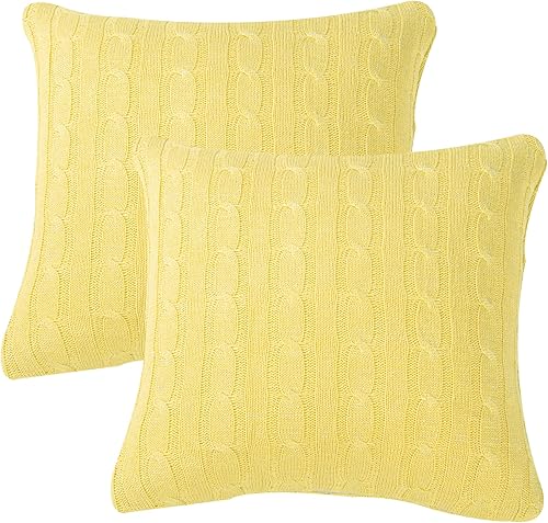 Miniatura 6 de Home Soft Things Juego de 2 fundas de almohada decorativas de punto trenzado, color amarillo jojoba con hilo plateado metálico, funda cuadrada de 20