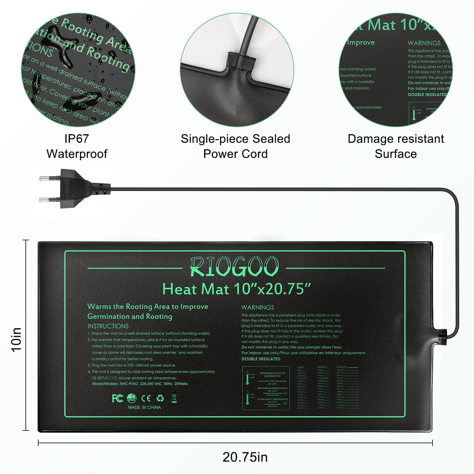 RIOGOO Alfombrilla térmica para Plantas de semillero, Resistente al Agua, para Invernadero, Duradera, de 10 "x 20,75", para propagación térmica de germinación (Paquete de 2)