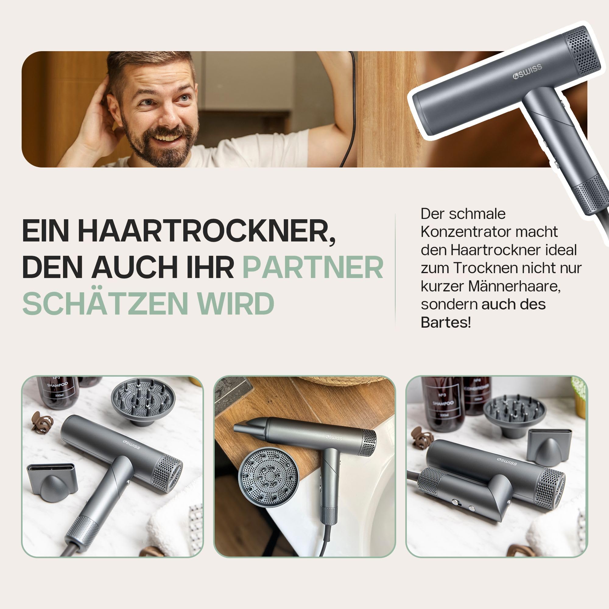 4Swiss Air Power+ Haartrockner mit Ionen-Technologie – Bürstenloser Hochgeschwindigkeitsmotor 110.000 RPM – 8 Modi & Intelligente Temperaturregelung – Schnelltrocknend, Klappbar & Leise