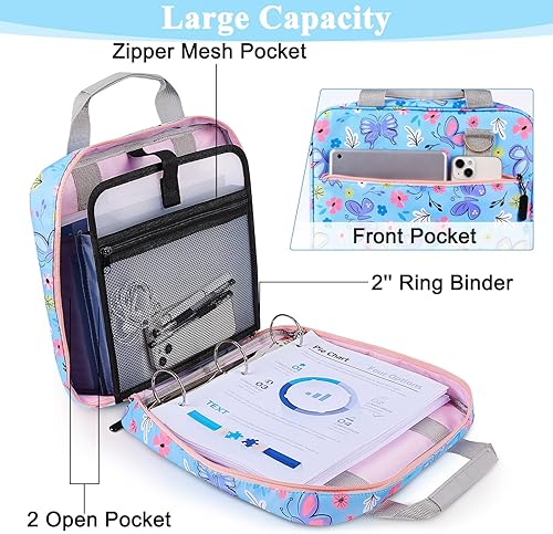 Vista 2 de FIODAY Carpeta con cremallera con asa y correa para el hombro, carpeta de 3 anillos de 2 pulgadas con múltiples bolsillos y capacidad para 500 hojas