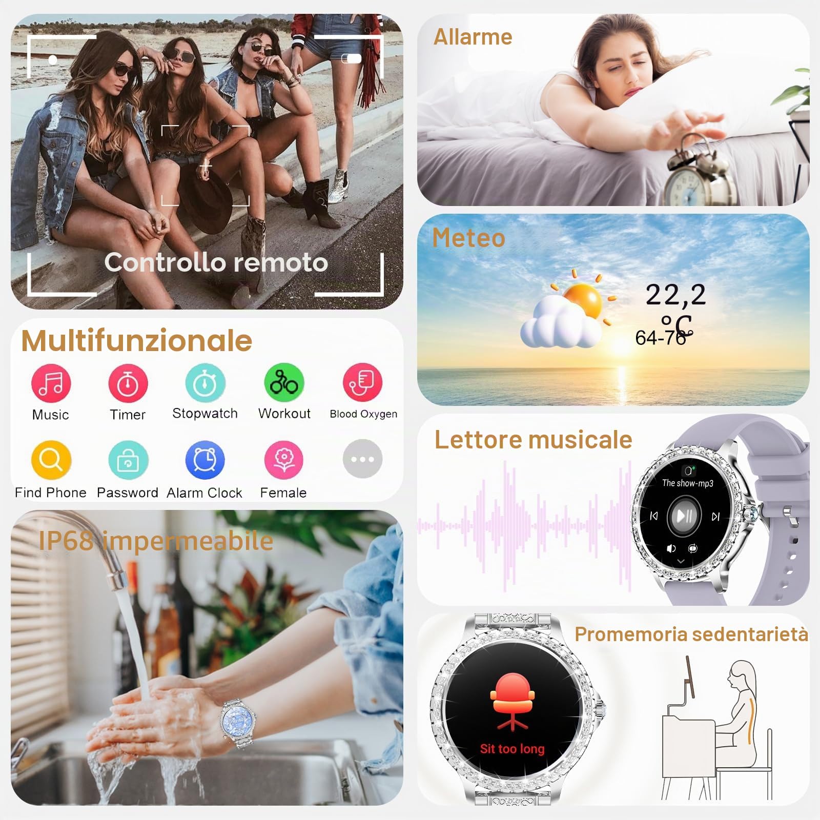 Smartwatch Donna Diamond,1.32''Smartwatch Donna Chiamate e whatsapp,Fisiologia Femminile Cardiofrequenzimetro SpO2/Monitoraggio del Sonno/120 Allenamenti, Orologio Smart Watch per iOS Android