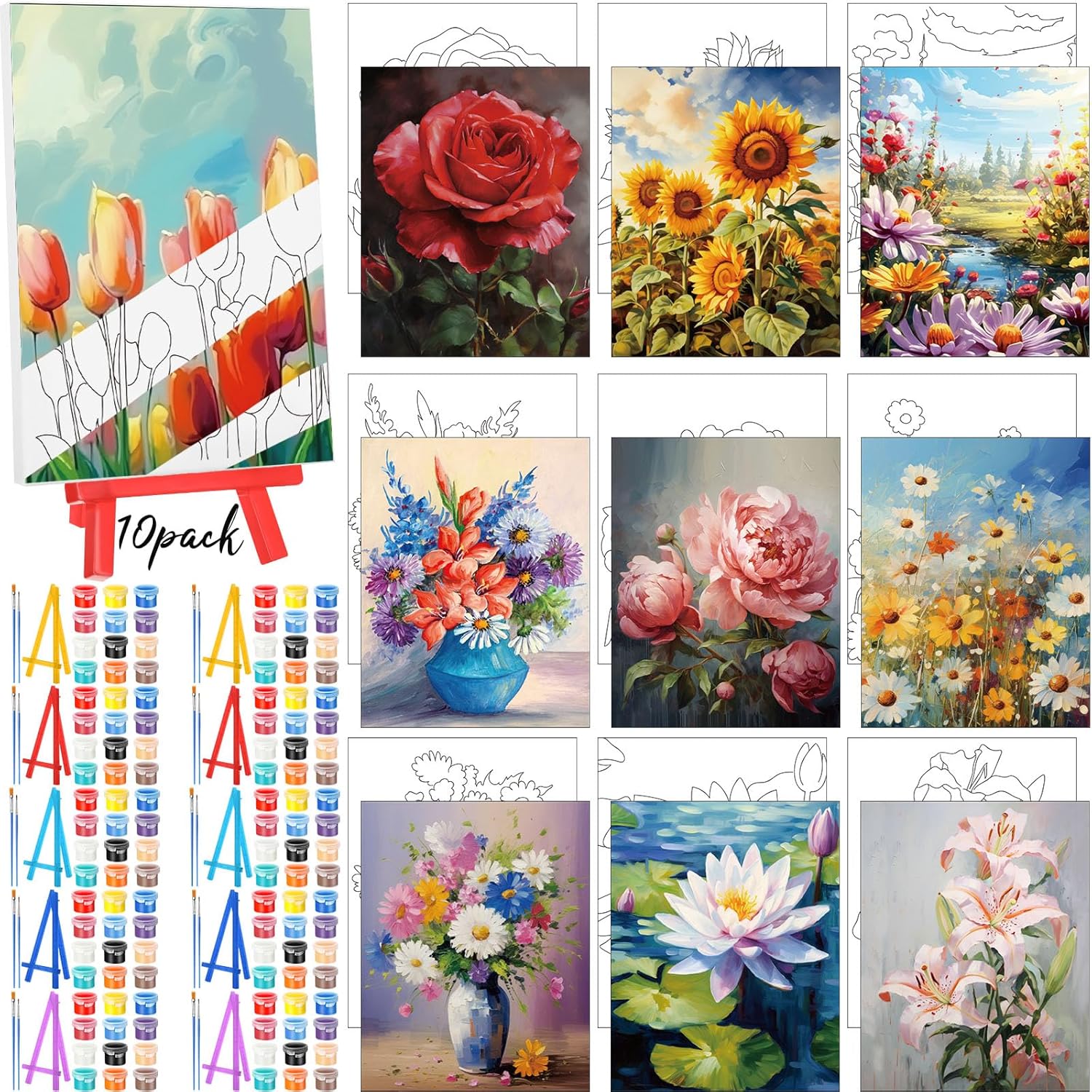 Blosssound 10 Set Valentine's Day Pre Printed Canvas Heart Pre Drawn Canvas Painting with Easel Kits 5" x 7" Outline Painting Panels for Beginners, DIY Craft Project, Home Decors