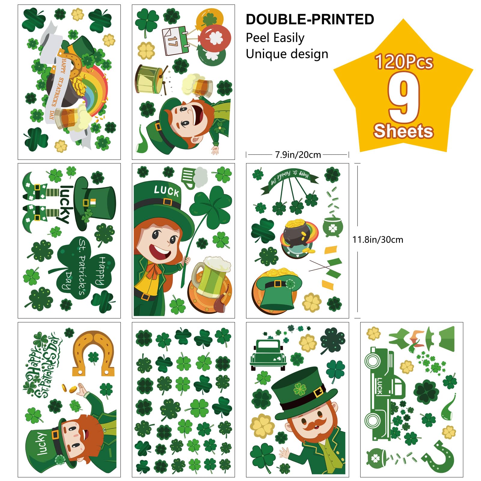 St Patricks Day Window Clings Decor,120 PCS Reusable Static Spring Shamrock Leprechaun Stickers for Glass Windows Door Wall Irish Saint Patricks Day Holiday St Pattys Decorations