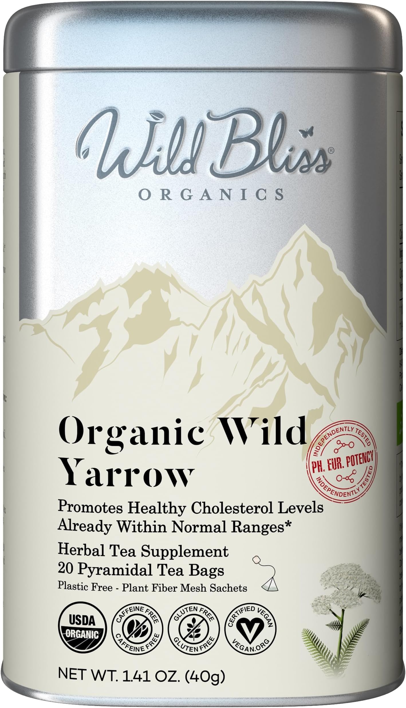 Wild Bliss Organic Yarrow Flower Tea - Caffeine Free Herbal Tea - Pharmacopoeia Potency - 20 Tea Bags