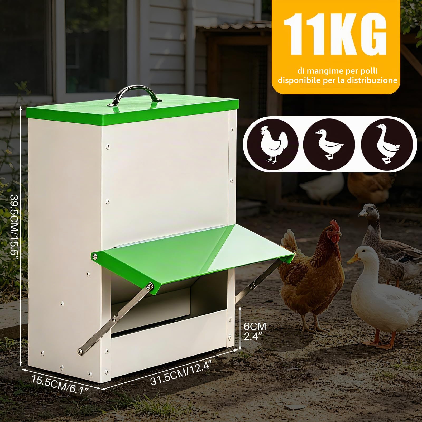 Mangiatoia Per Galline 11 Kg, Distributore Automatico Di Mangime Per Polli, Tramoggia In Metallo Per Pollo, Pulcini, Anatra, Alimentatore Con Parapioggia, Può Essere Disattivato