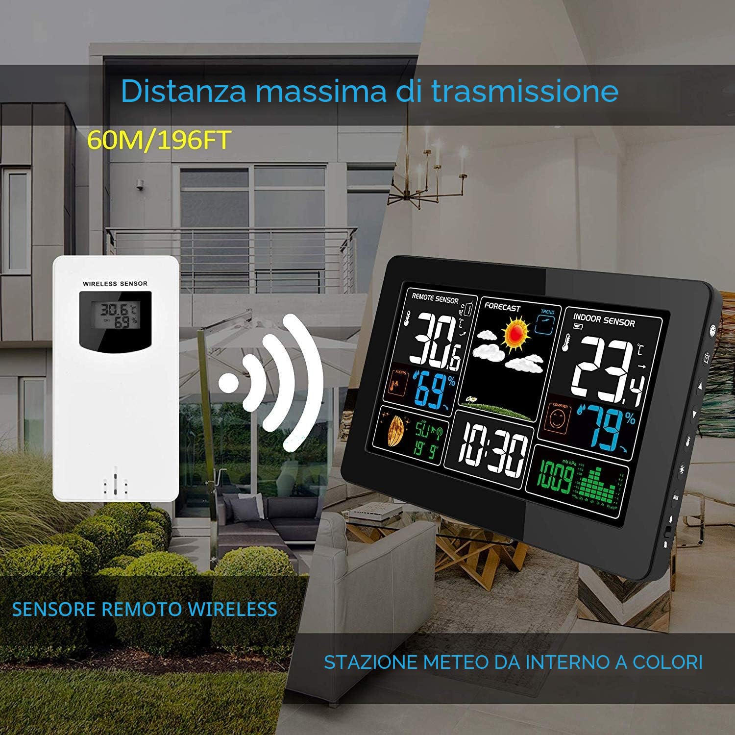 Stazione Meteo Meterologica Digitale con Sensore Esterno Wireless Automatica con Schermo LCD Display Sveglia Orario Data Temperatura umidità Previsioni Meteo