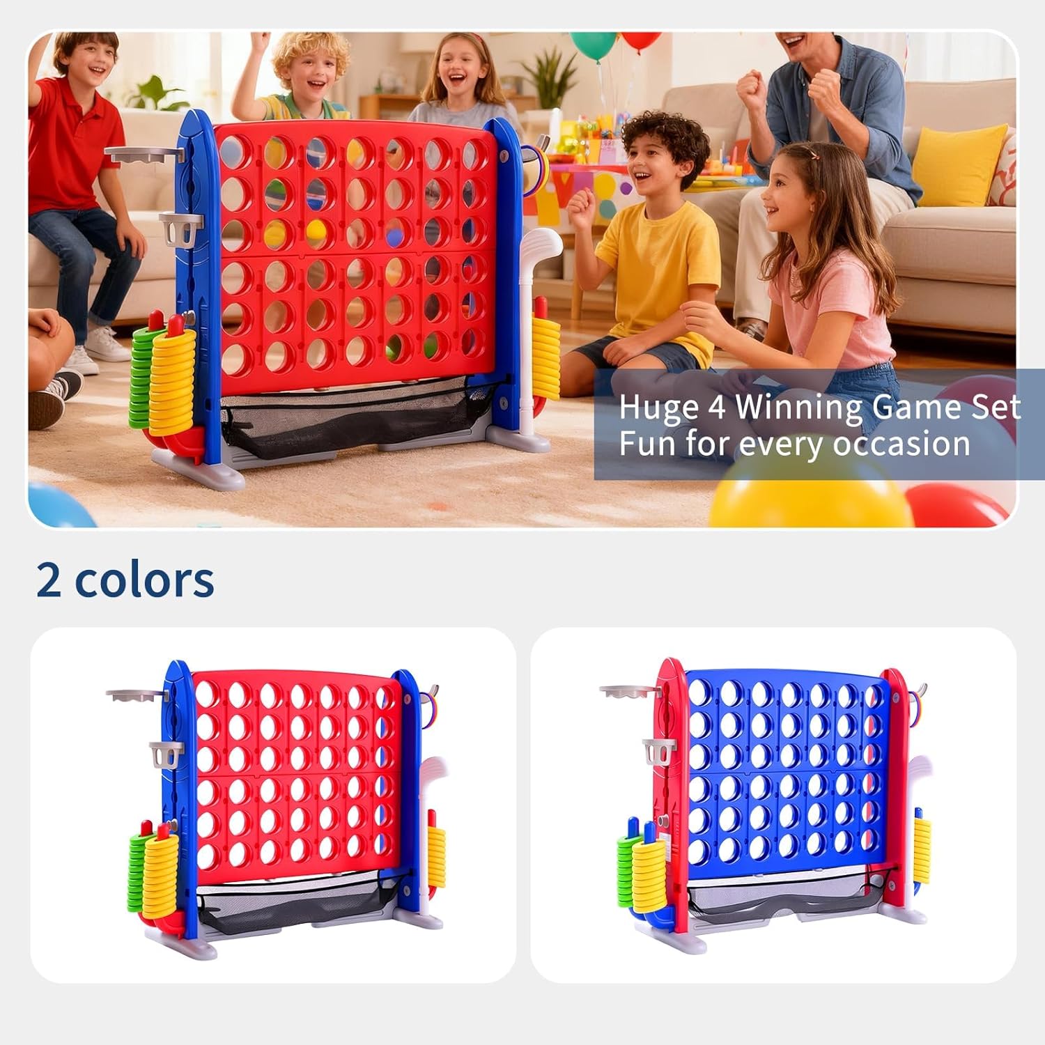 Jumbo 4-in-a-Row Giant Connect Game - Adjustable Height (2.5-3.5 ft) Stand, Quick-Release Slider, 42 Rings, Indoor Outdoor Party/Family Game for Kids & Adults-red