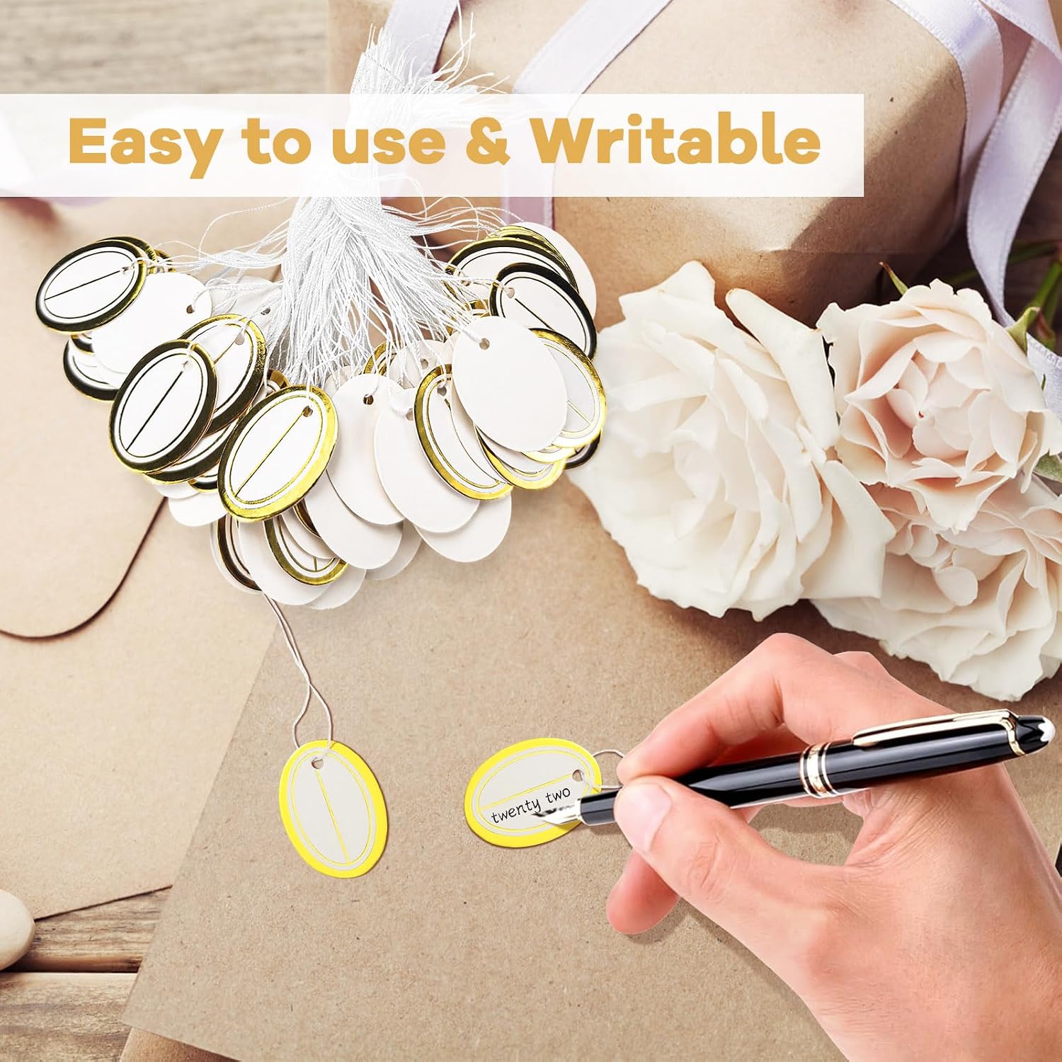 500 pcs Jewelry Price Tag with String Attached, Paper Price Labels, Display Clothing Tags Display Label, Marking Tags with Elastic String (Gold，Elliptical) image 3
