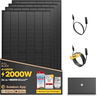 Solakon® 2000W Balkonkraftwerk mit Speicher, Solakon ONE mit 2,11 kWh | Balkonkraftwerk komplett Steckdose - 800W Integrierten Hybrid-Wechselrichter - 4x 500W bifaziale Solarmodule - 3m Kabel