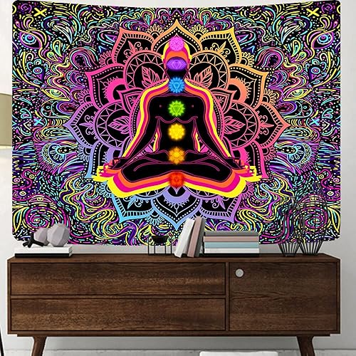 Miniatura 4 de JAWO Blacklight - Tapiz de siete chakras, reactivo a los rayos UV, tapiz hippie hippie para yoga, meditación, tapiz bohemio con mandala para sala de