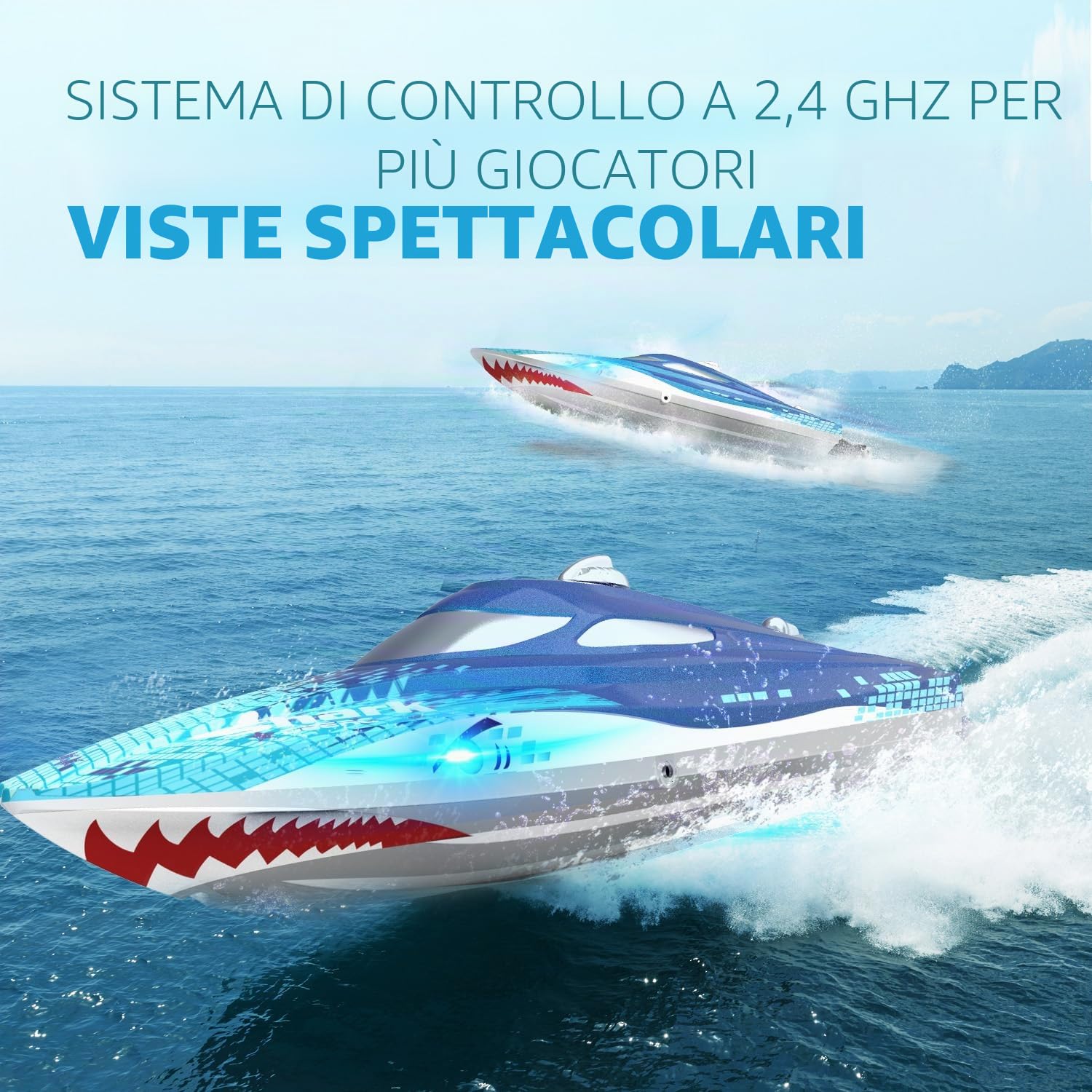 DEERC Barca RC con luce LED, barca a squalo telecomandata per piscine e laghi, barca radiocomandata da 20 km/h, barca da corsa da 2,4 GHz