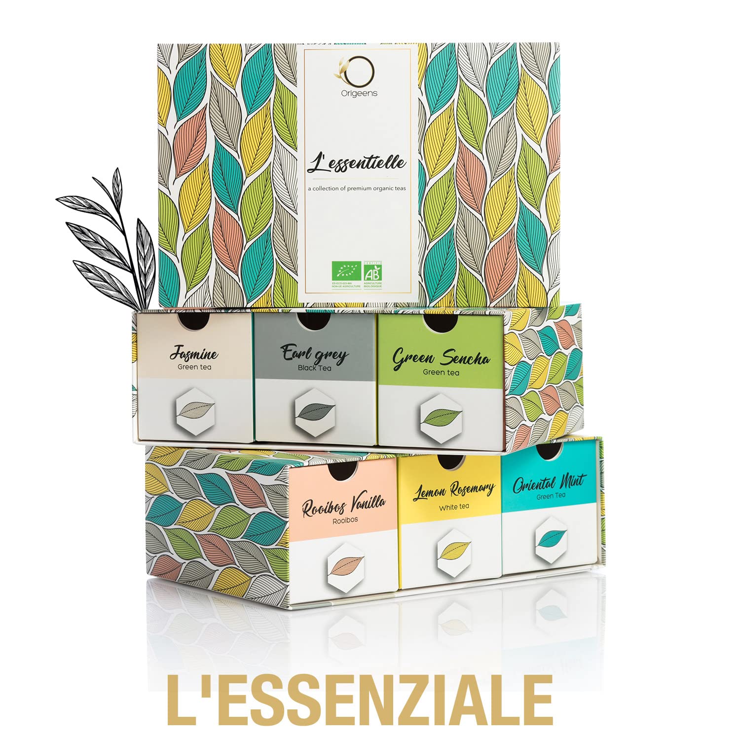 ORIGEENS Cofanetto TE BIO L’ESSENTIELLE | Assortimento di Te Verde, Nero, Bianco, Rooibos | Confezione Regalo 48 bustine di tè piramidali