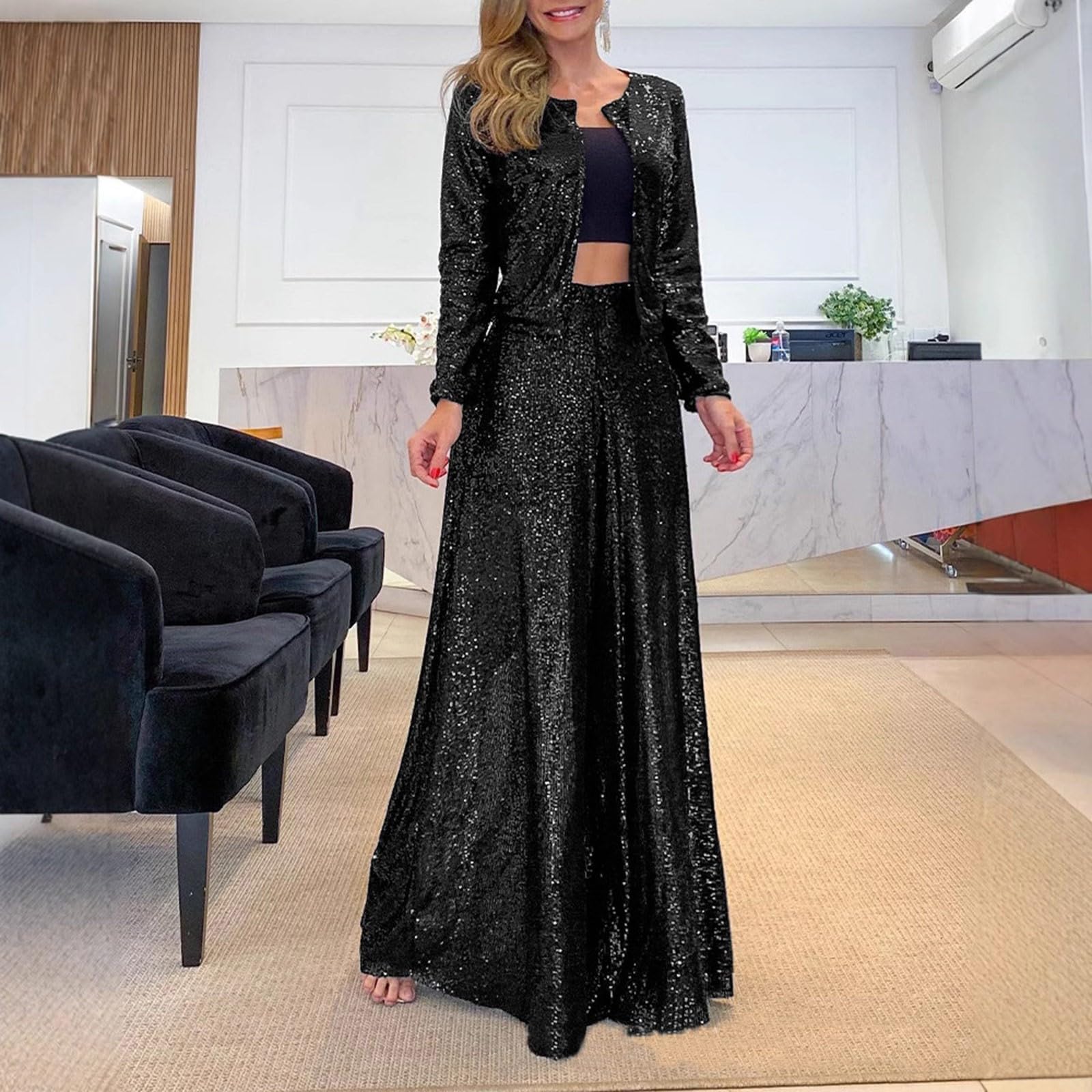 Pantalon à paillettes pour femme - Large taille haute - Plissé - Pantalon Palazzo décontracté - Pantalon Marlene - Coupe ample