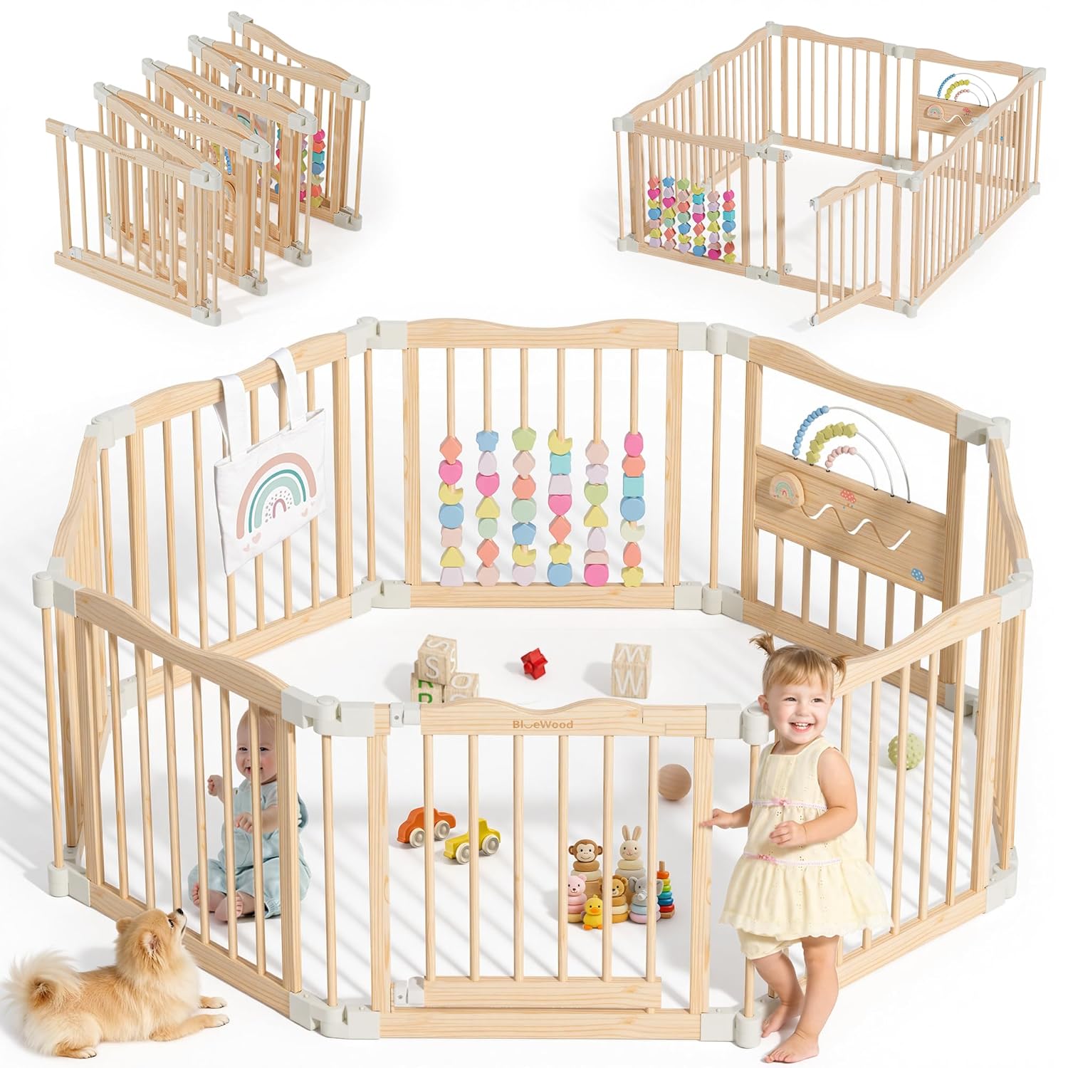 Foldable Wooden Playpen - Adjustable Wood Baby Play Yard with Child-Proof Lock, Indoor Large Safety Fence for Babies and Toddlers - Easy Assembly, 55 x 55 x 24 inches, Natural Rainbow Dream