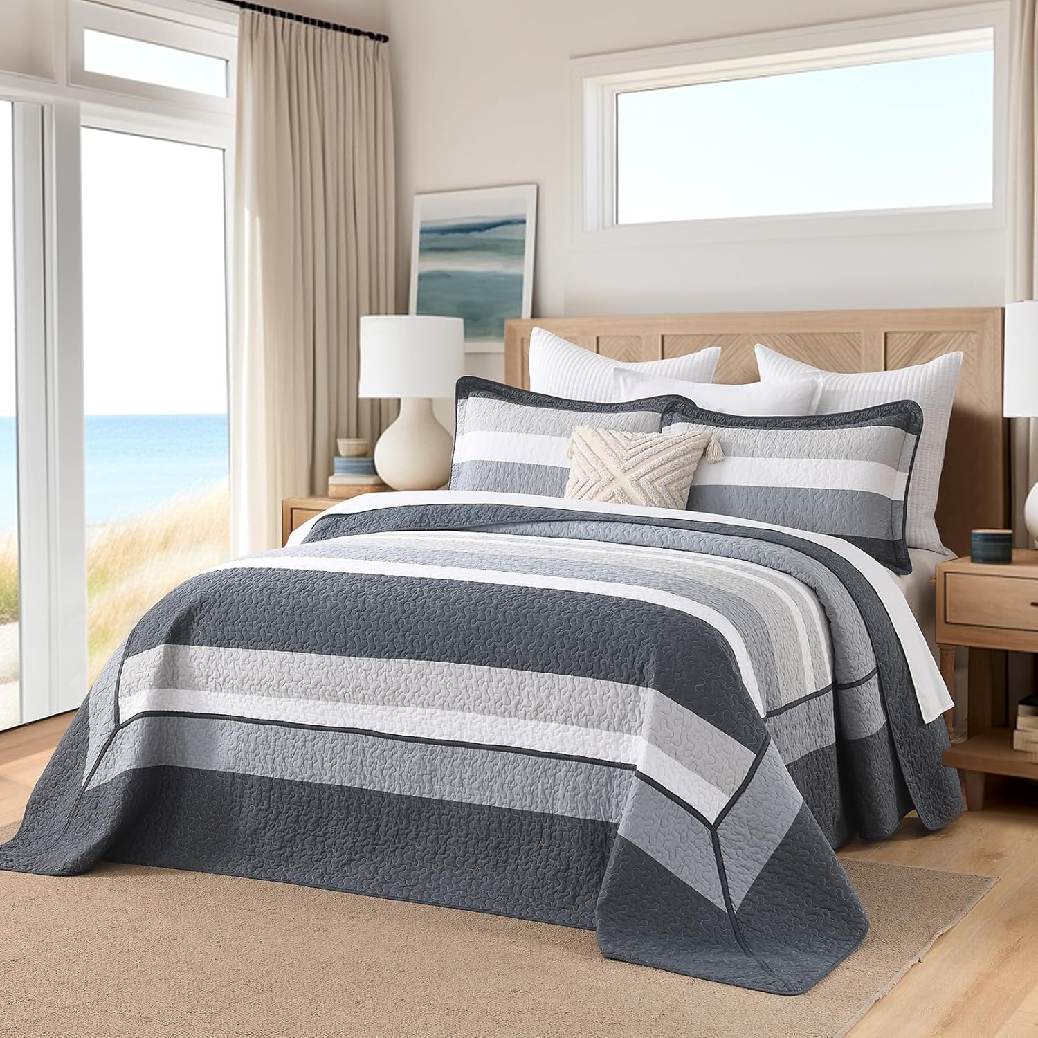 DDUOXIN Oversized King Bedspread 128" W x120 L - 100% Cotton California Quilt with 2 Pillow Shams, Simple Striped Design Lightweight Durable Bedding, Perfect for Modern Bedrooms, Blue/Gray/White