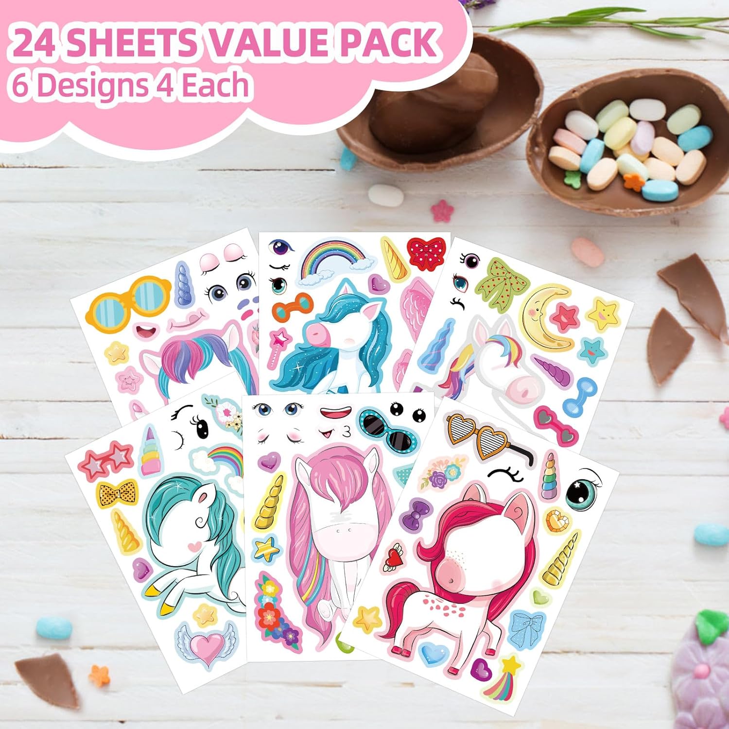 24 Pcs Make Your Own Unicorns Sticker Sheet, Unicorns Party Favors Face Stickers for Kids Girls Toddlers Activities Bags Unicorns Birthday Party Favors Supplies Craft