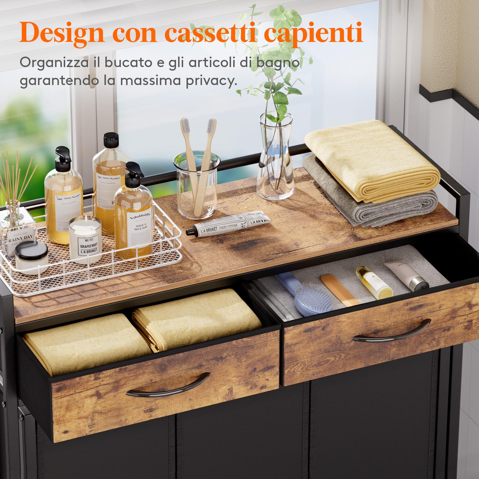 Lifewit Cesto Portabiancheria 3 Scomparti con Ruote 135L, Mobile Biancheria Sporca con 2 Cassetti e 3 Sacco Porta Biancheria in Tessuto Oxford per Lavanderia, Camere da Letto, Bagno, Nero