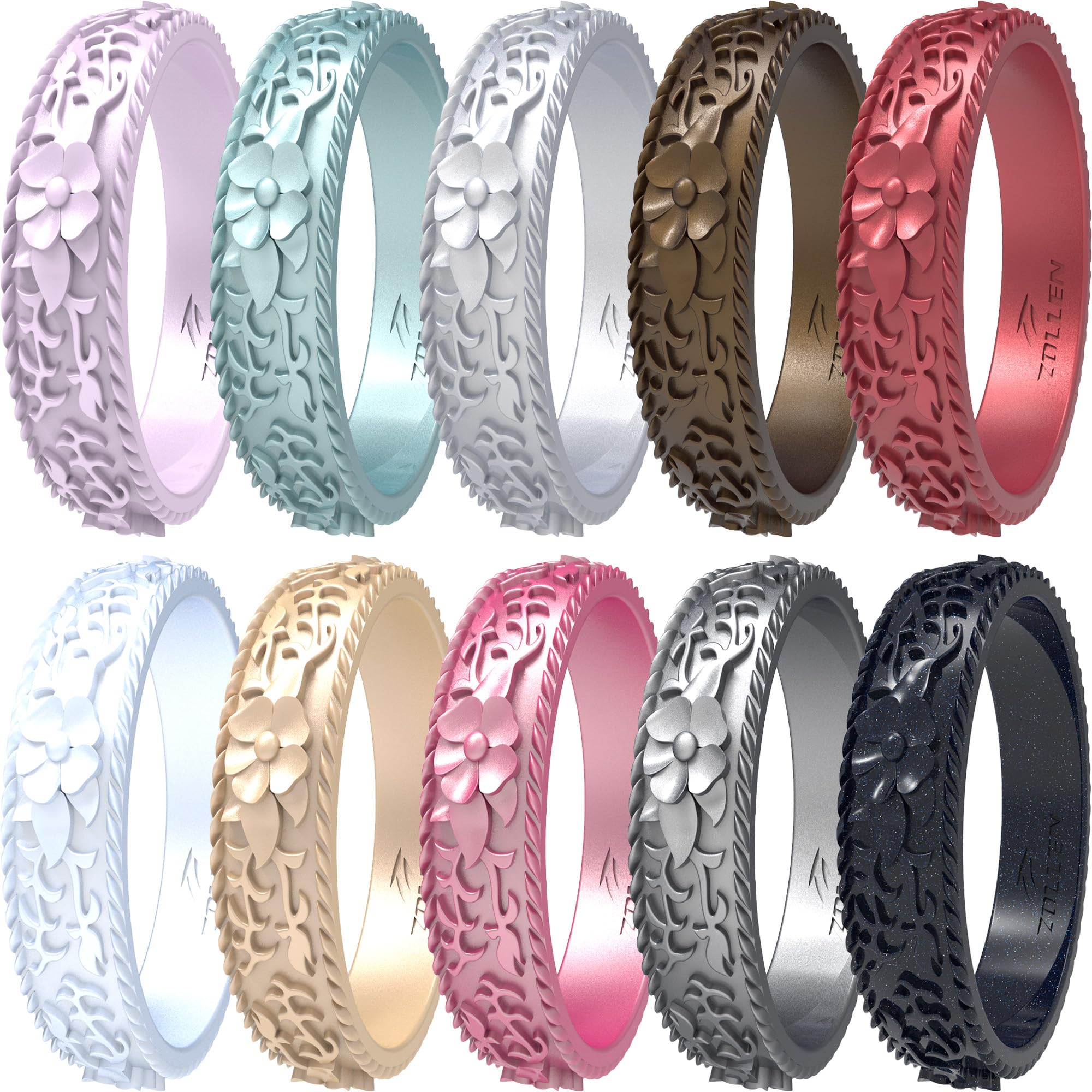 Silicone Wedding Rings for Women 1/4/7 Packs -Stackable Silicone Rubber Wedding Bands - Innovative Flower &amp; Vine Collection