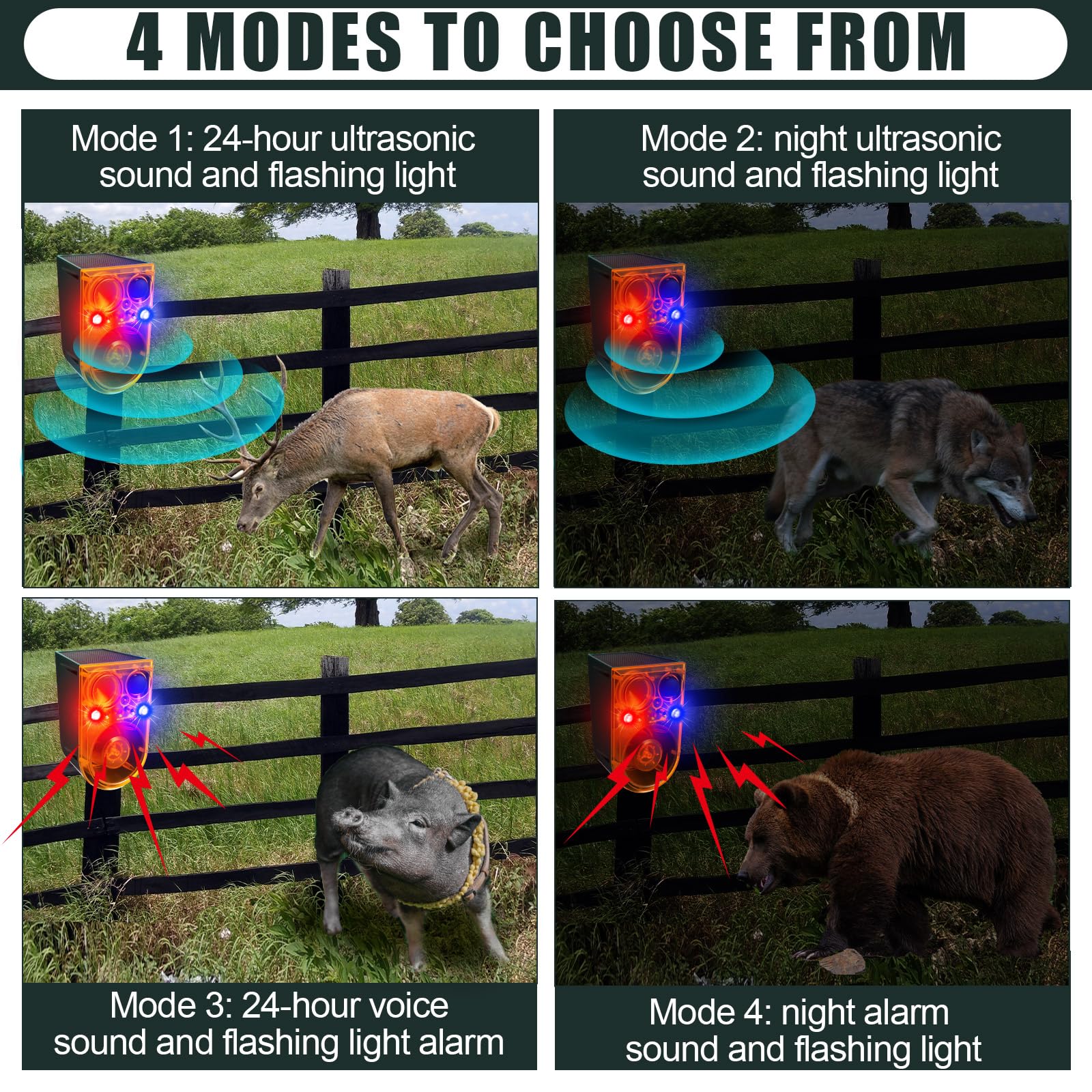 Qualirey Paquete de 2 alarmas solares con sensor de movimiento para exteriores, alarma ultrasónica disuasoria de animales, 13 sonidos, 130 dB, fabricante de ruido fuerte con control remoto USB, 4