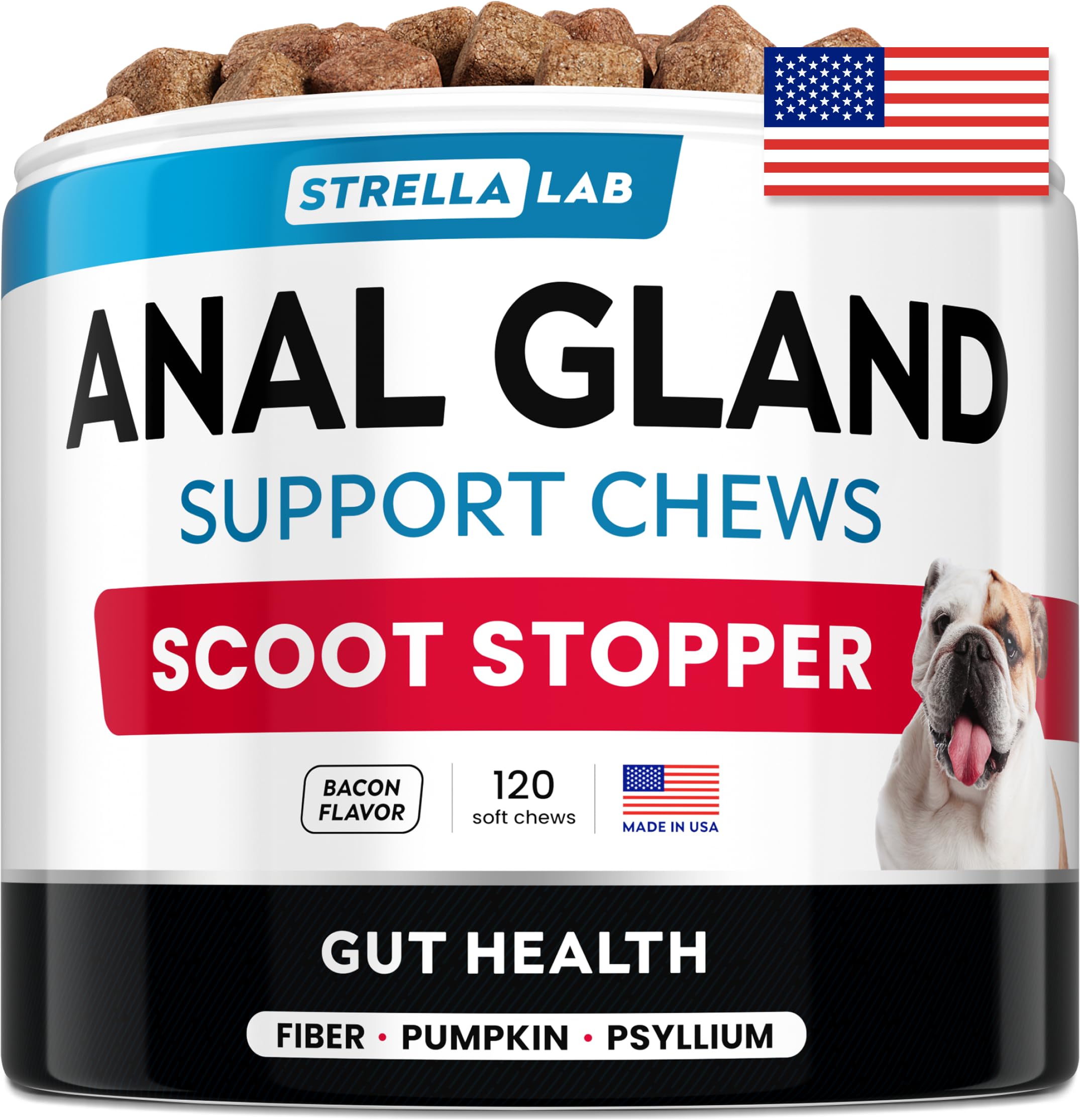 STRELLALAB Anal Gland Support Chews - Scoot Treatment - Digestive Enzymes, Prebiotics & Fiber Supplement for Dogs Digestion & Gut Health. Proprietary Blend of Beet, Psyllium, Dandelion & Pumpkin 120Ct