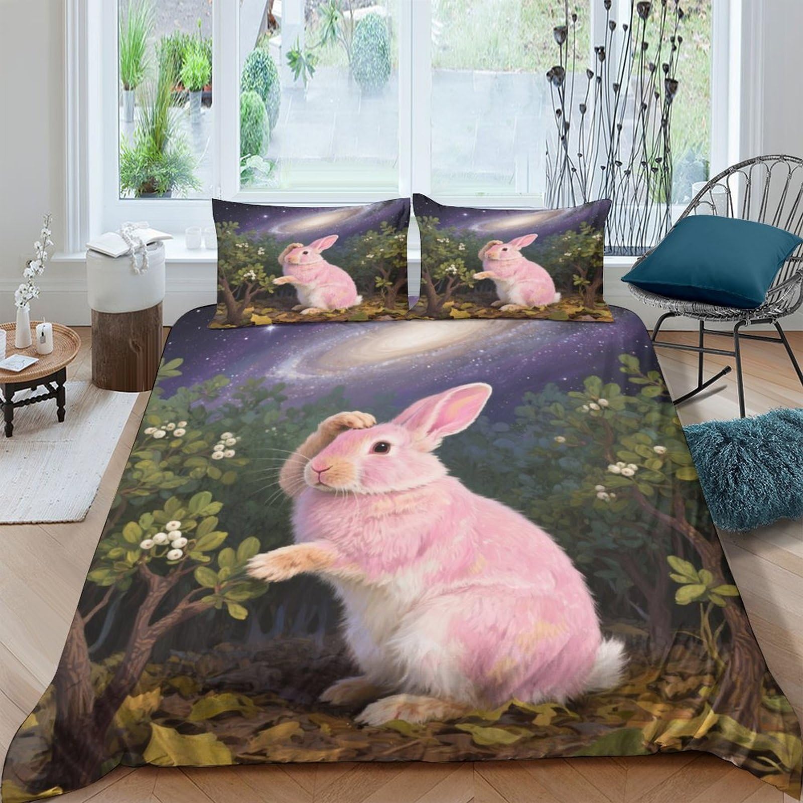 Housse de couette lapin rose fermeture éclair lit double sans froissement