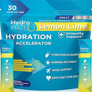 HydroMATE Lemon Lime Electrolyte Powder Packets - Low Sugar Hydration, Essential Minerals, 30 Count Travel Packs