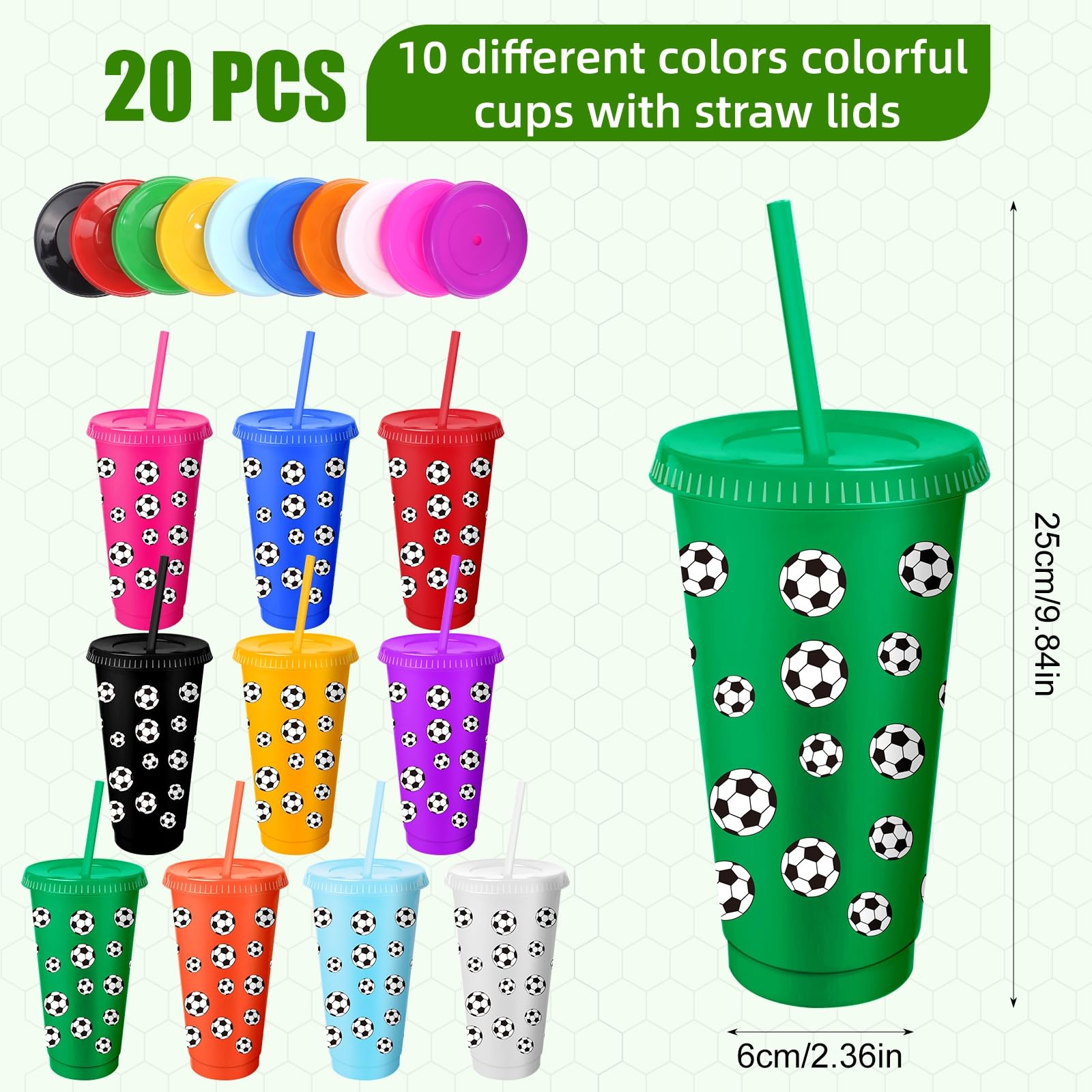 MSYU 20 vasos de plástico de fútbol con tapa y pajita, taza de regalo de Navidad, taza de 710 ml, vasos de plástico reutilizables para amantes del fútbol, hombres y mujeres, suministros de regalo de