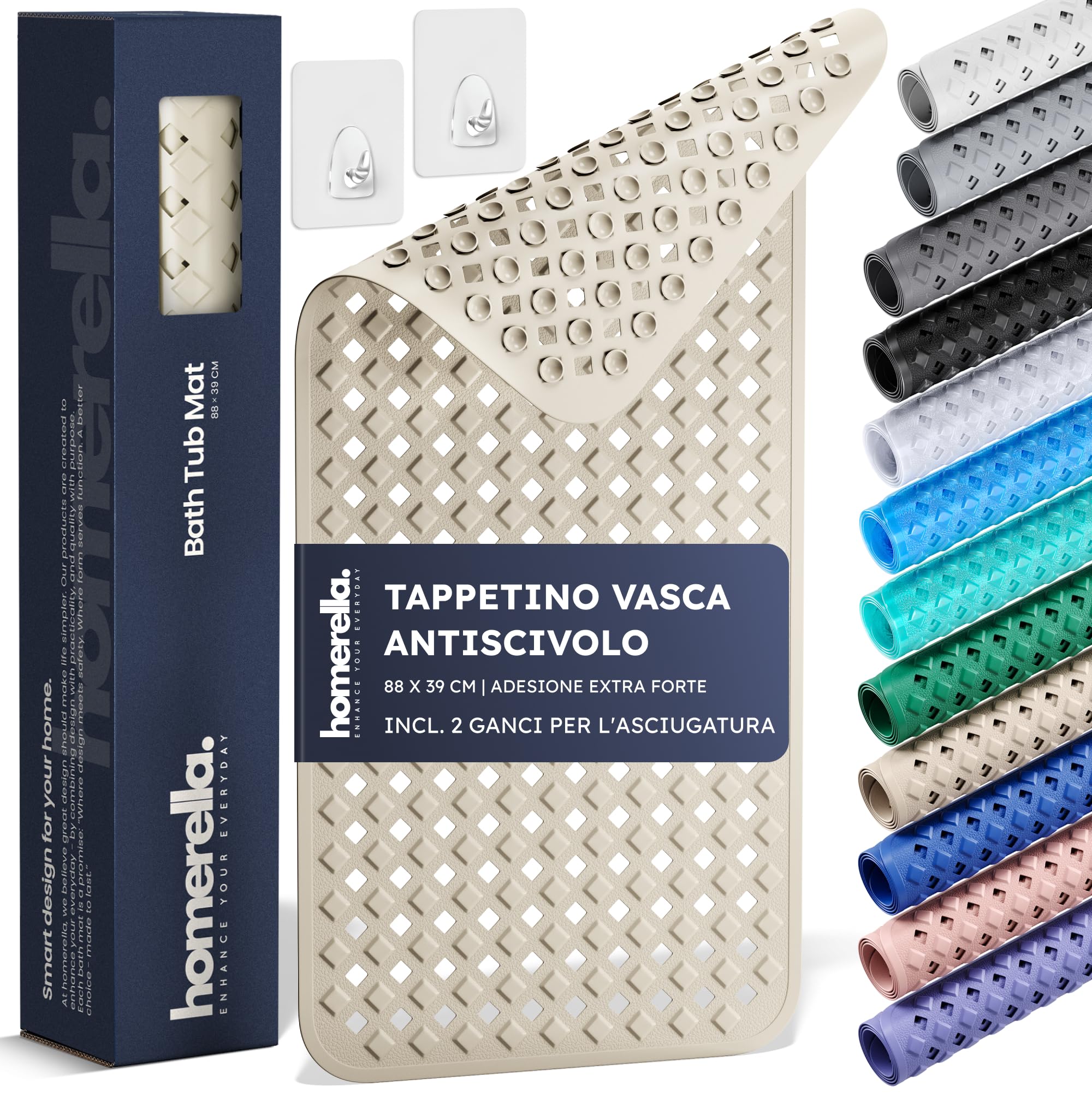 homerella® Tappetino vasca antiscivolo 88x39cm INCL. GANCI - Tappetino doccia antiscivolo senza BPA - Tappeto doccia antiscivolo vasca da bagno resistente alla muffa e lavabile in lavatrice
