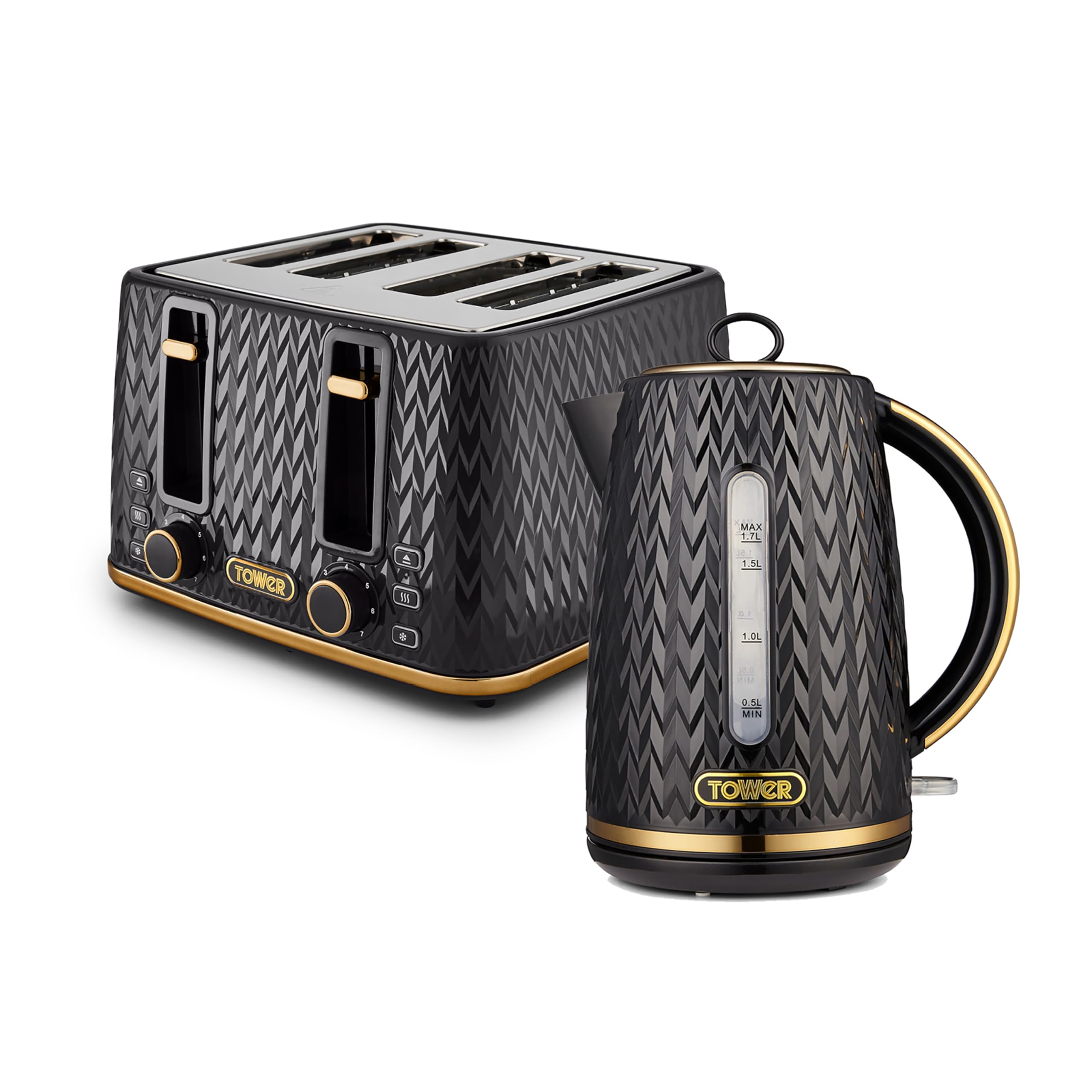 Tower Empire Kitchen Set, 1.7L Rapid Boil Kettle and 4 Slice Toaster, Black with Brass Accents, T10052BLK & T20061BLK