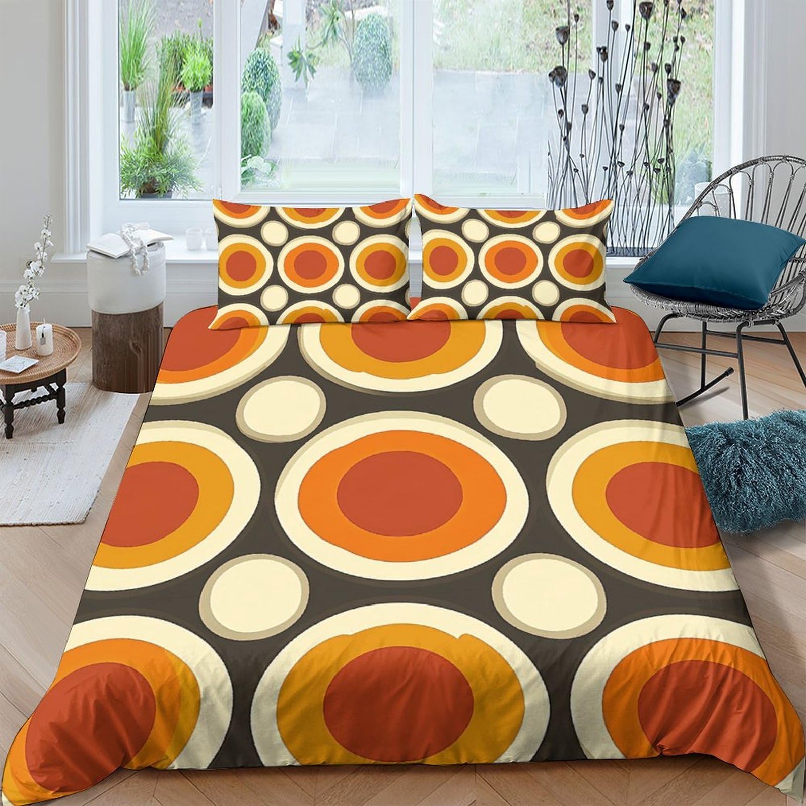 Ctjqhvkz Style-4 3D Printed Retro Orange Circle Fitted Sheet Microfiber Mattress Cover, Bedroom Dorm Decor, Machine Washable Single（135X200cm）