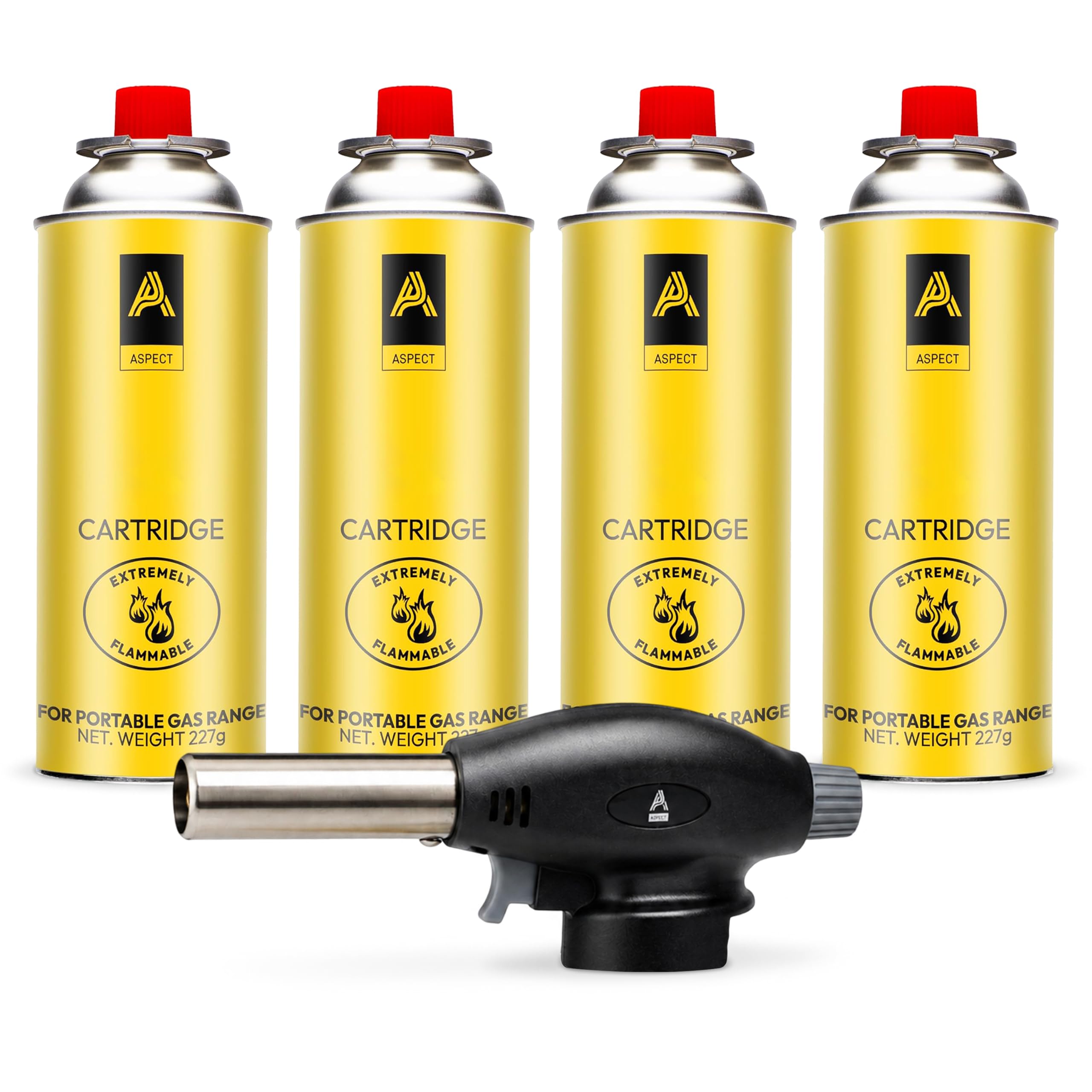 Aspect Blow Torch with 4 Gas Bottles, Adjustable Flame Burner for Desserts, Creme Brulee, Welding, Auto Ignition Gas Torch for Cooking, Catering, BBQ,Camping & Fire Starter (Head + 4 Gas)